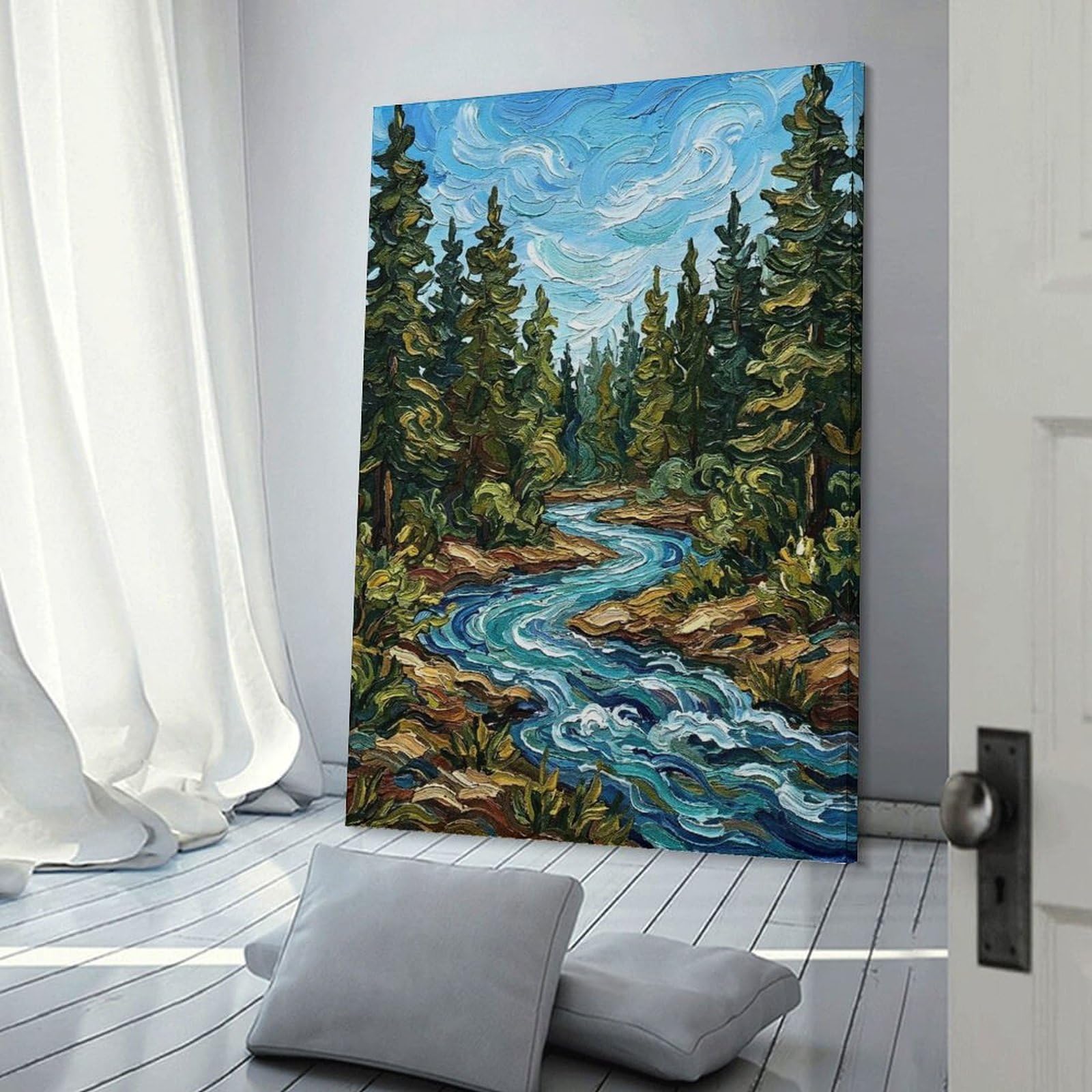 Junmoney Impressionist River Through Pine Forest Wall Art Print, 24x36inch(60x90cm), for Study, Office Or Focused Interiors, Home Office Artwork with Decorative Appeal