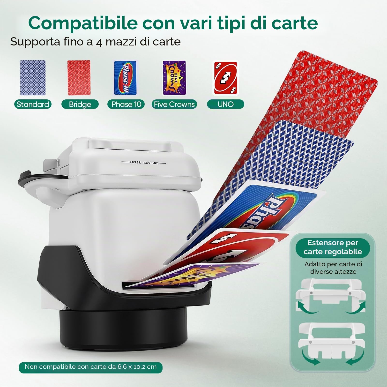 Mescolatore di Carte con distributore, Rotazione a 360° per 1–4 mazzi, mescolatore e distributore Automatico di Carte per 2–8 Giocatori, con 4 telecomandi, Ricaricabile, Silenzioso per Poker, Uno