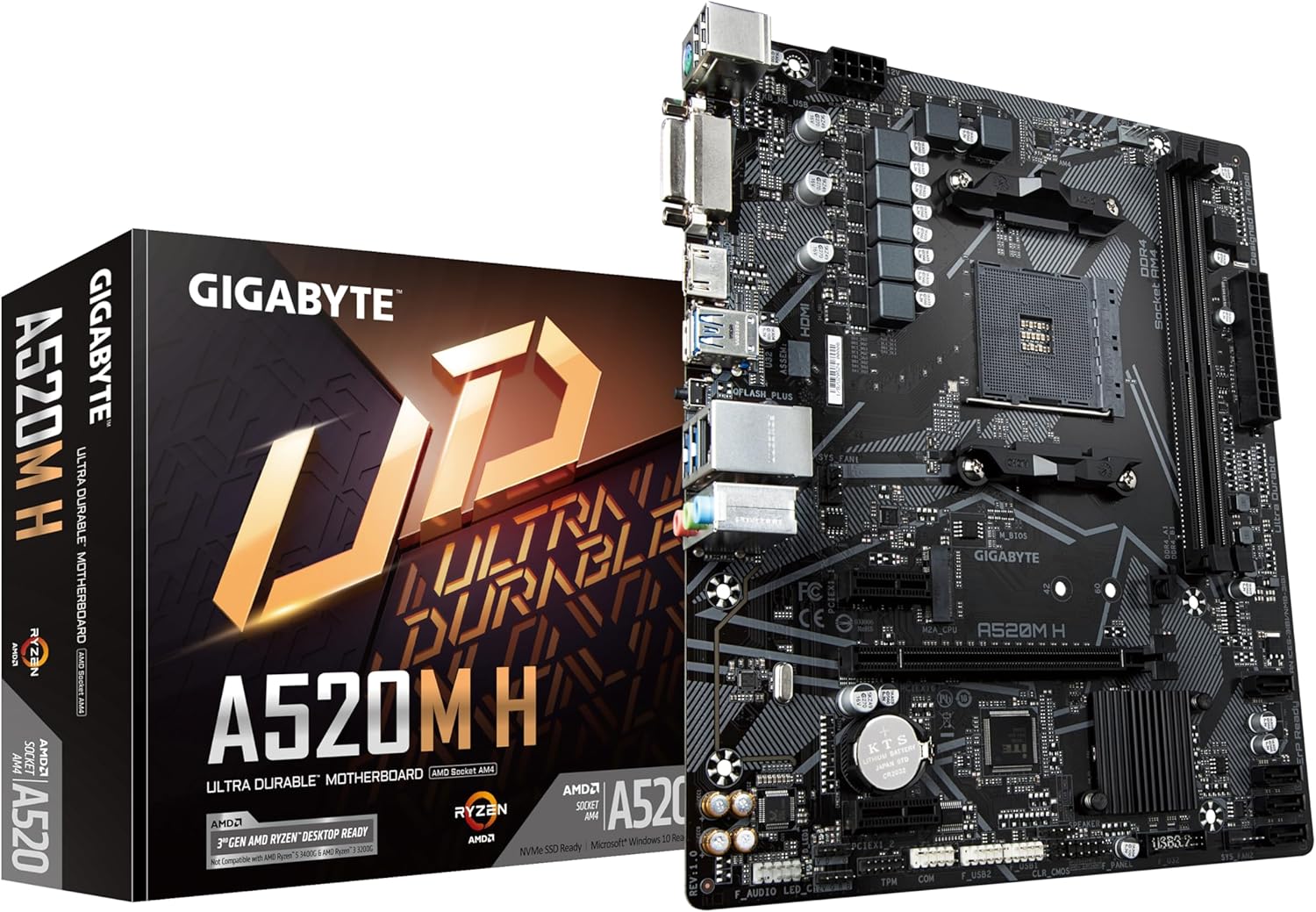 Gigabyte A520M H Motherboard – Supports AMD Ryzen 5000 Series AM4 CPUs, 4+3 Phases Pure Digital VRM, up to 5100MHz DDR4 (OC), PCIe 3.0 x4 M.2, GbE LAN, USB 3.2 Gen 1