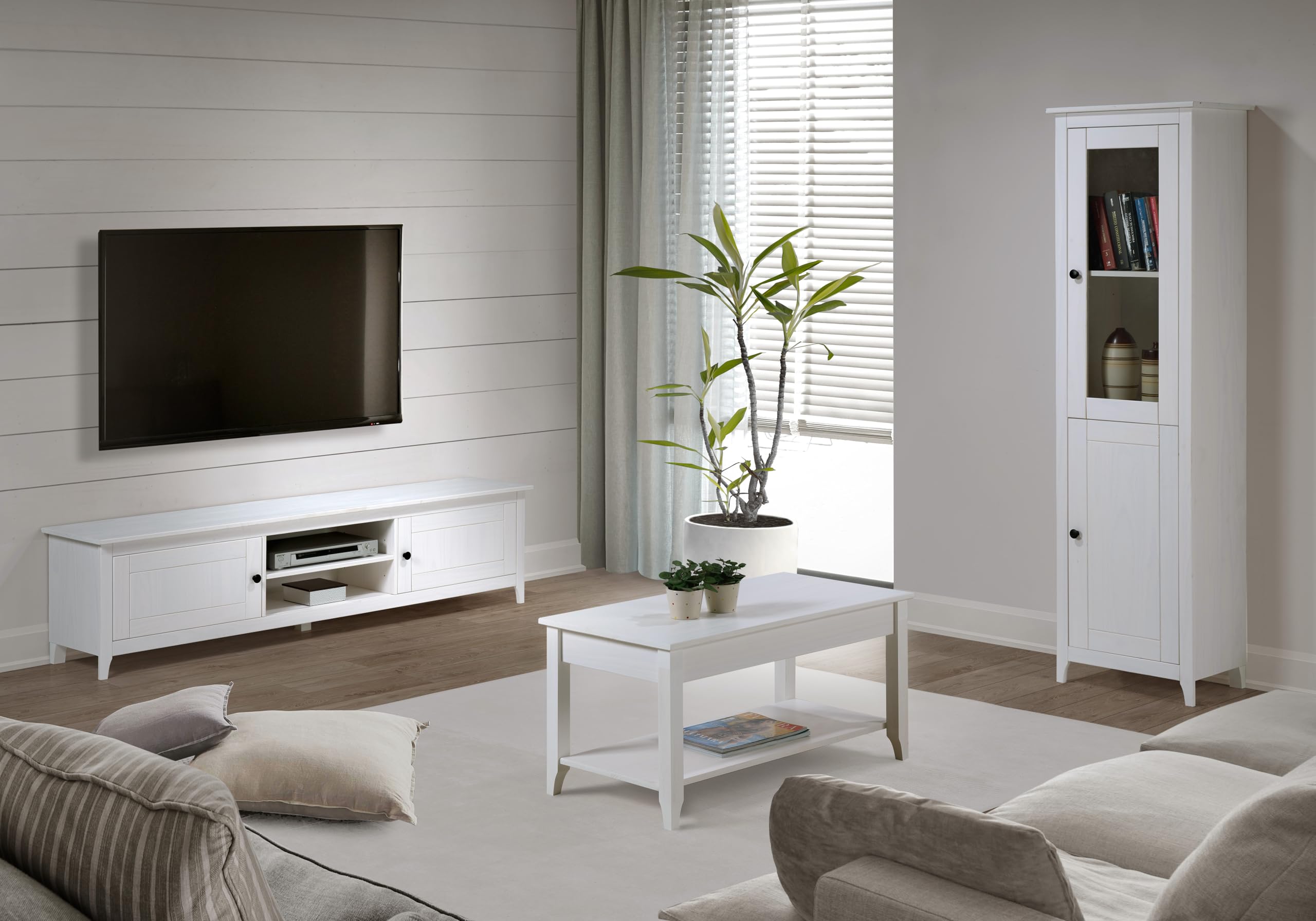 Buyqualia Mesa TV OSMA, 2 Puertas 2 Huecos, 45x180x35, Blanco Abierto (Grande)