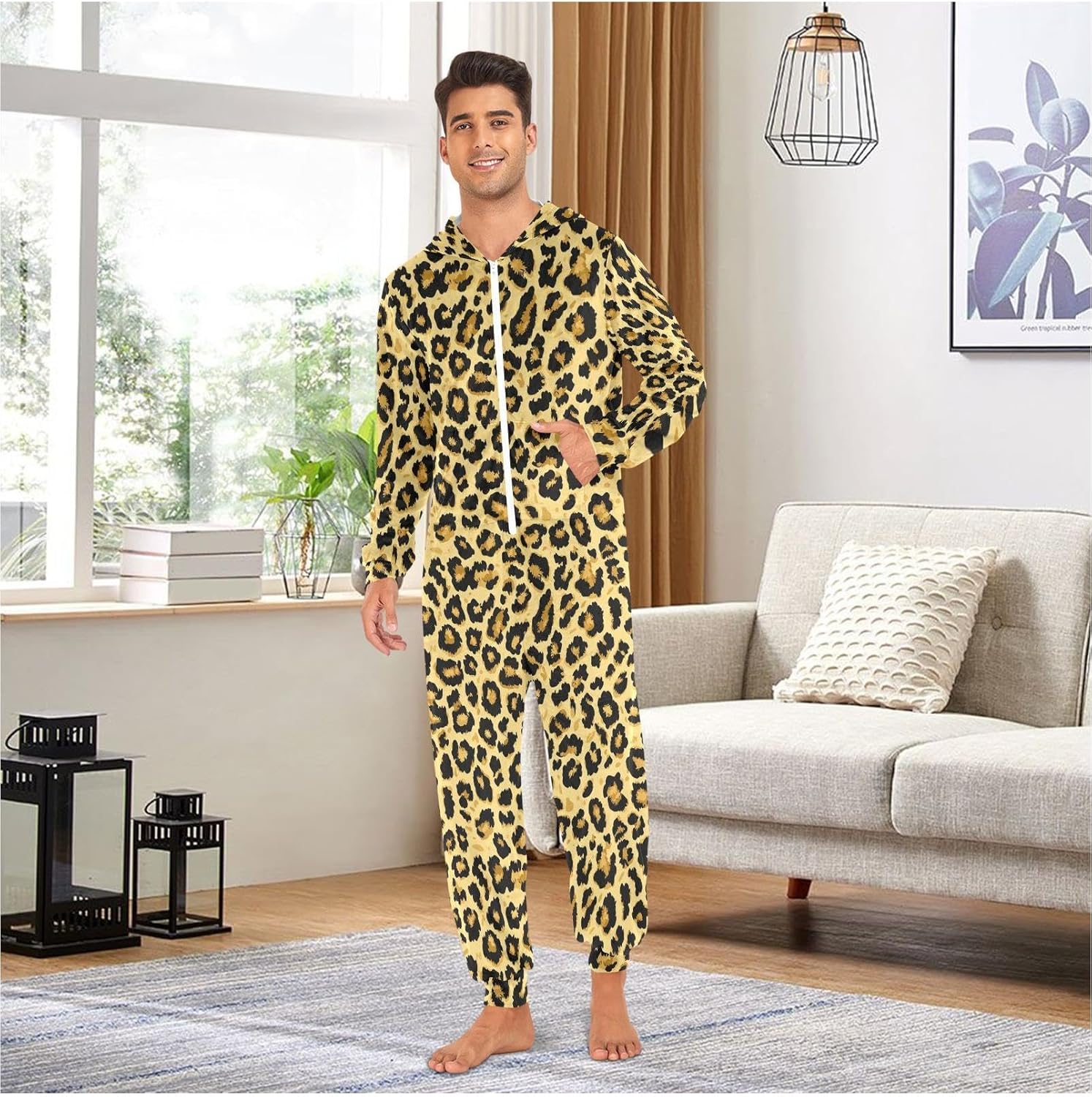 ZZKKO Vintage Leopard Pattern Adult Onesie Pajamas for Women Men Cozy One Piece Pajamas Costume Zip-Up Hooded S-XL