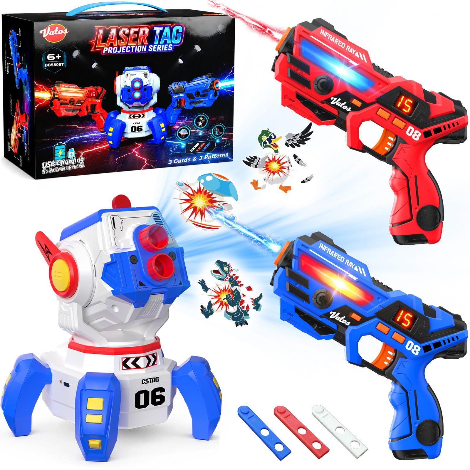 VATOS Wiederaufladbares Laser Tag Set, 2 Infrarot Laser Tag Pistolen, Interaktive Projektion mit LED-Punktestandanzeige und 3 Zielkarten, Unterhaltsames Lasertag Spielzeug für Kinder und Erwachsene