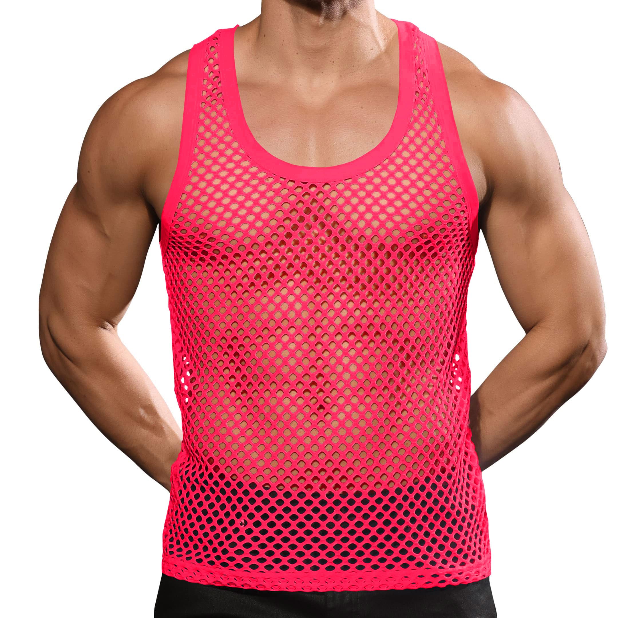 Beotyshow Mens Mesh Fishnet Tank Tops Fitted Sleeveless Night Club Style Muscle Top Summer Workout Beach Shirts