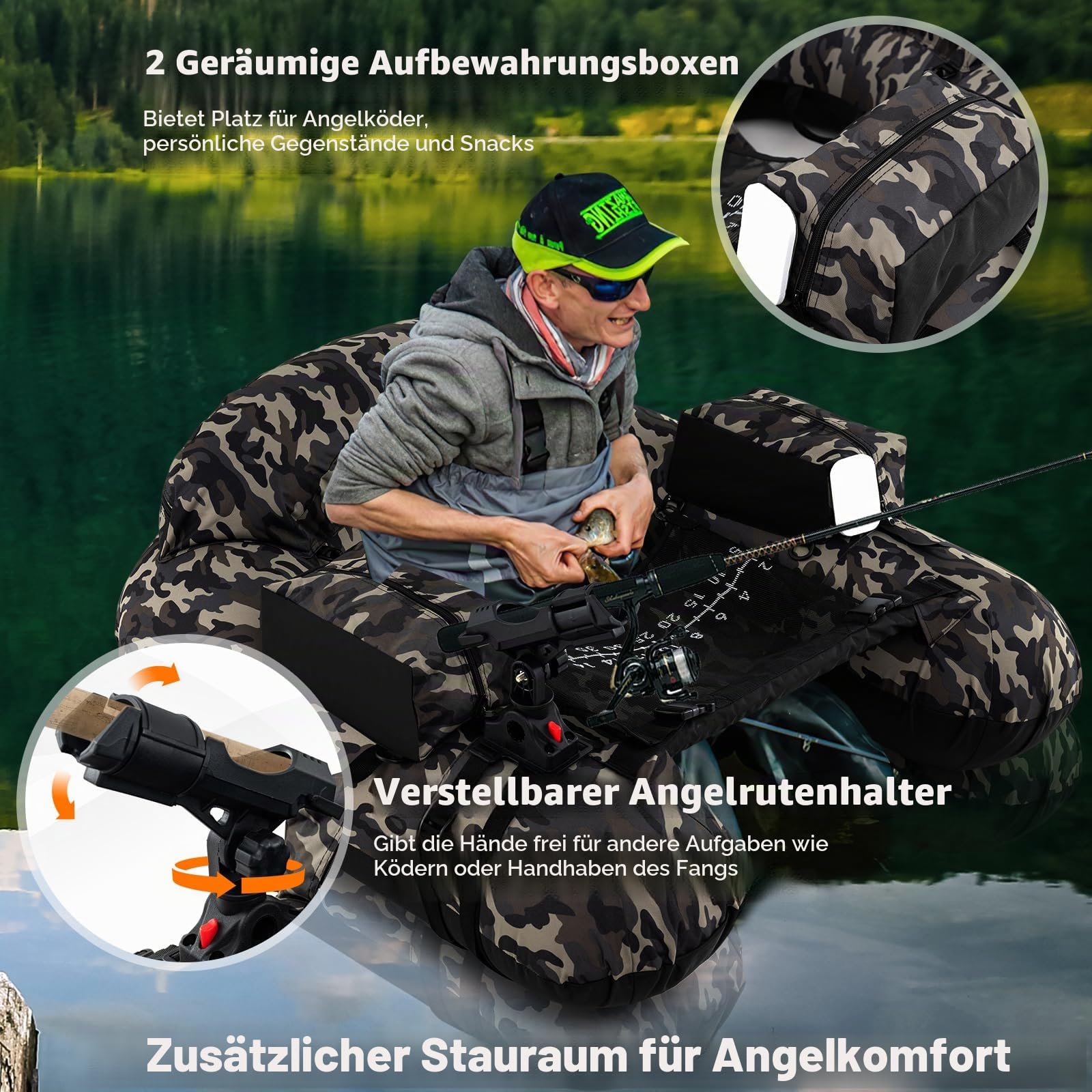 HOMASIS Schlauchboot, aufblasbares Angelboot mit Pumpe, Alu-Paddel & Flossen, Fischerboot mit Verstellbarer Angelrutenhalter & Fischhakenstator, Belly Boat 150 kg belastbar, 111x104x46cm