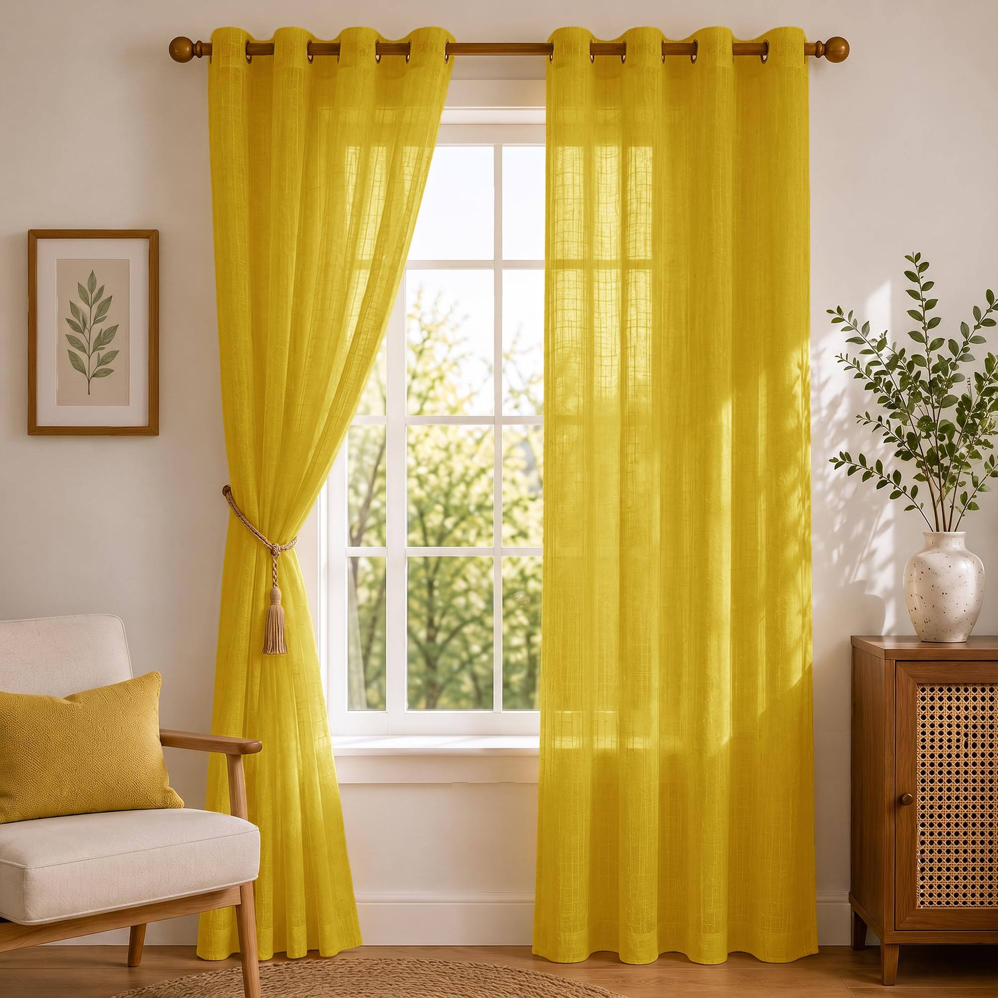 HOMEMONDE Sheer Grommet Curtains Door 7 Feet Long Set of 2 Living Room Lightning Solid Curtain Pack of 2 (7Ft X 4.5Ft Mustard)