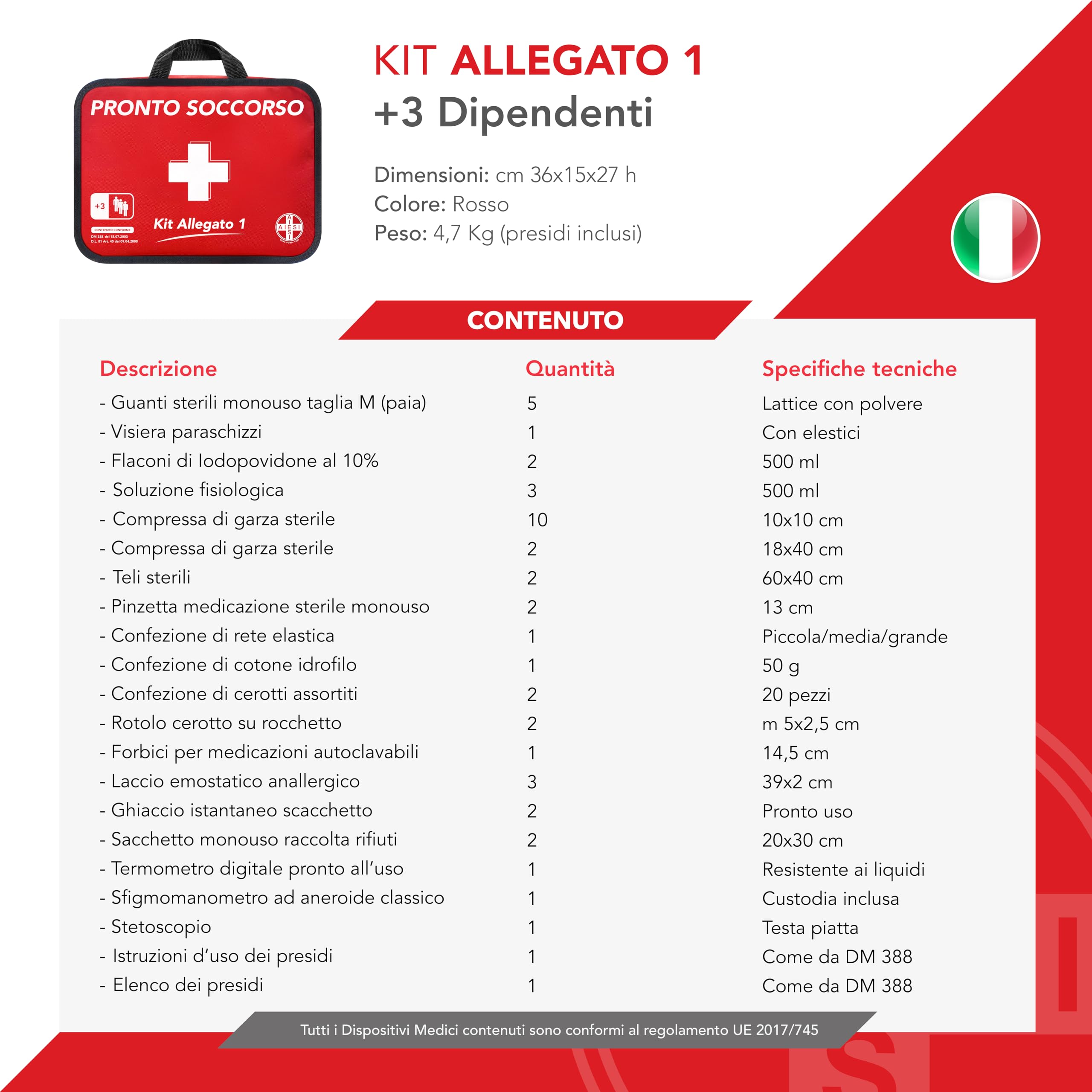 AIESI® Cassetta medica di pronto soccorso (Borsa) ALLEGATO 1 CON SFIGMOMANOMETRO per aziende più 3 dipendenti, Conforme DM388/DL81, Made in Italy