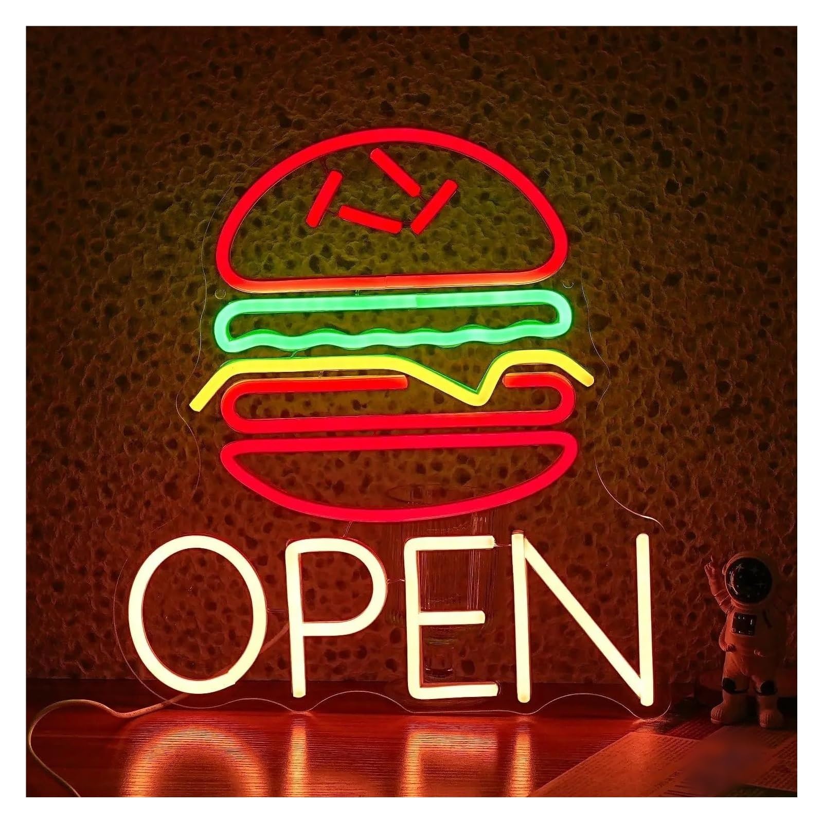 RONGCH Hanging Art Neon Signs Hamburg Open Neon Sign Dimmable Business Burger Store Wall Decor for Fast Food Kitchen Restaurant Food 35.5x30cm