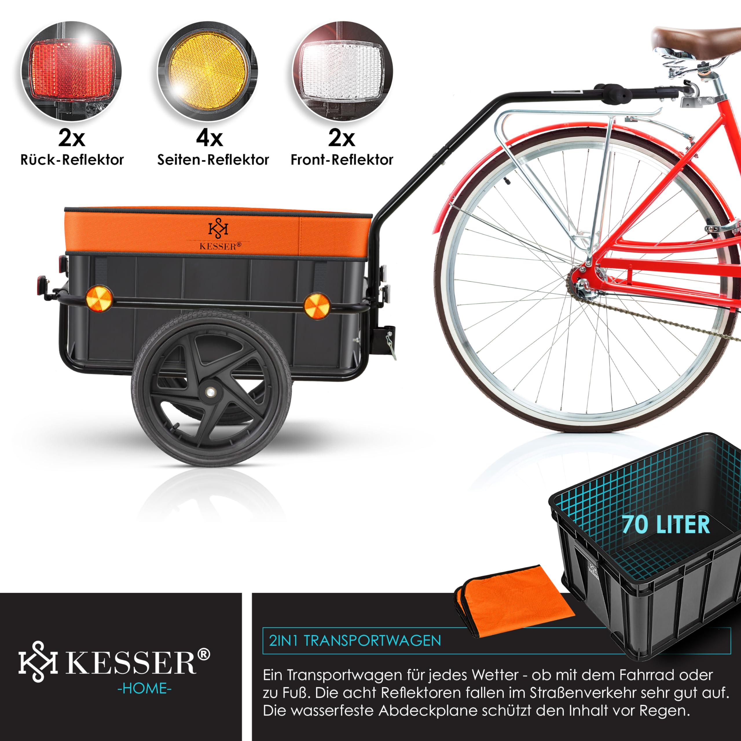 KESSER® Remorque Vélo Chariot Transport 70L 60kg