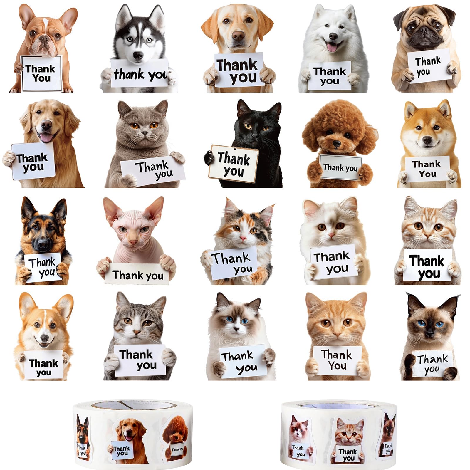 1000 Pcs Thank You Stickers Roll, Cute Dog and Cat Pet Designs