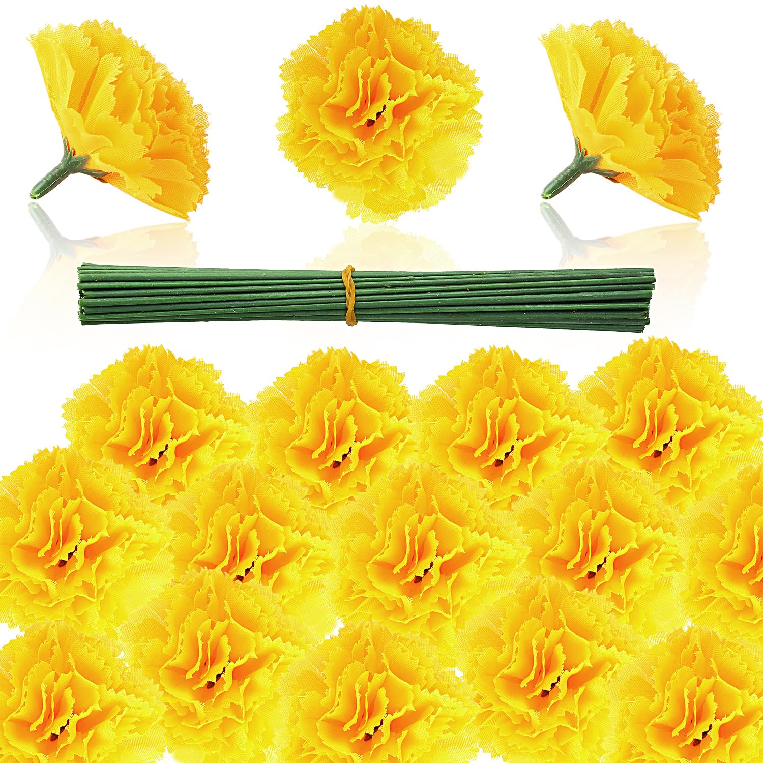 DIYASY Marigold Flowers Bulk, 50 Pcs Artificial Silk Marigolds with Stems Fake Yellow Flower Heads for Day of Dead Home Decorations Faux Dia De Los Muertos Altar Décor Maxico Halloween Garland