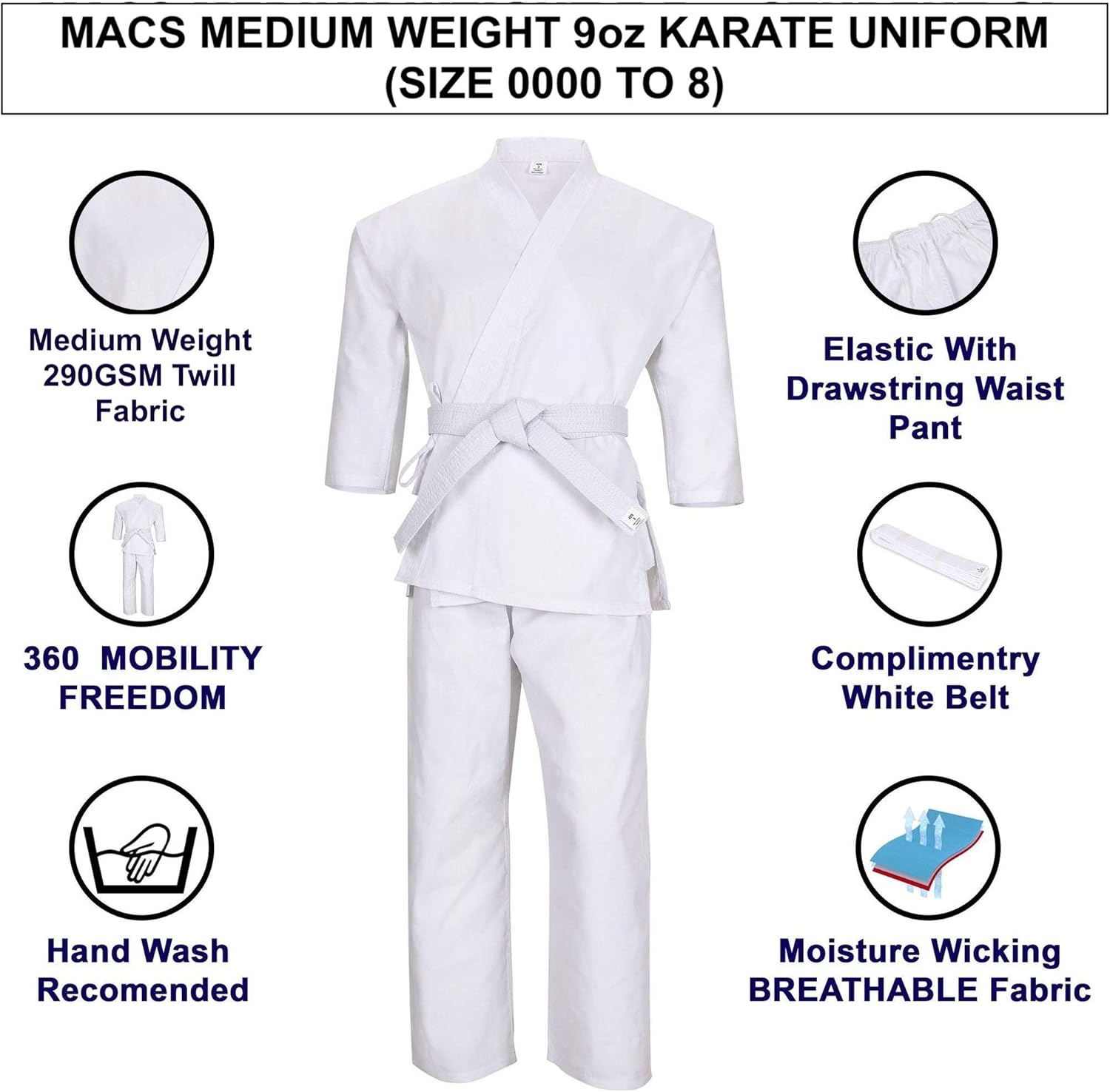 Martial Arts Karate Uniform with Elastic Pants and Drawstring for Kids Adults 9oz Middle Weight Student gi with Free Belt