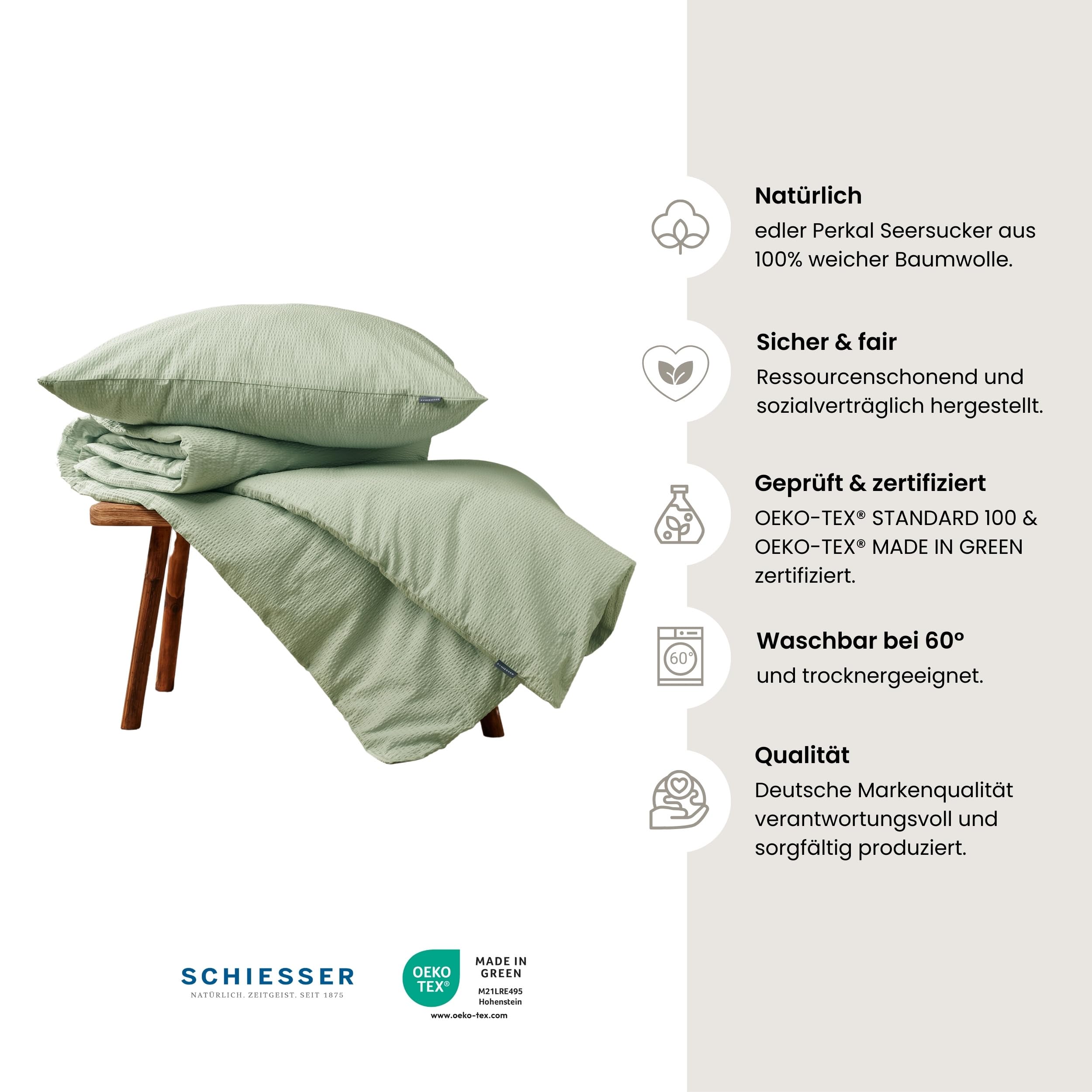 Schiesser Bettwäscheset Laura | 2-teilig | Uni | edler Perkal - Seersucker aus 100% Baumwolle | Oeko-Tex Zertifiziert | Reißverschluss | 135x200cm + 80x80cm | Hellgrün