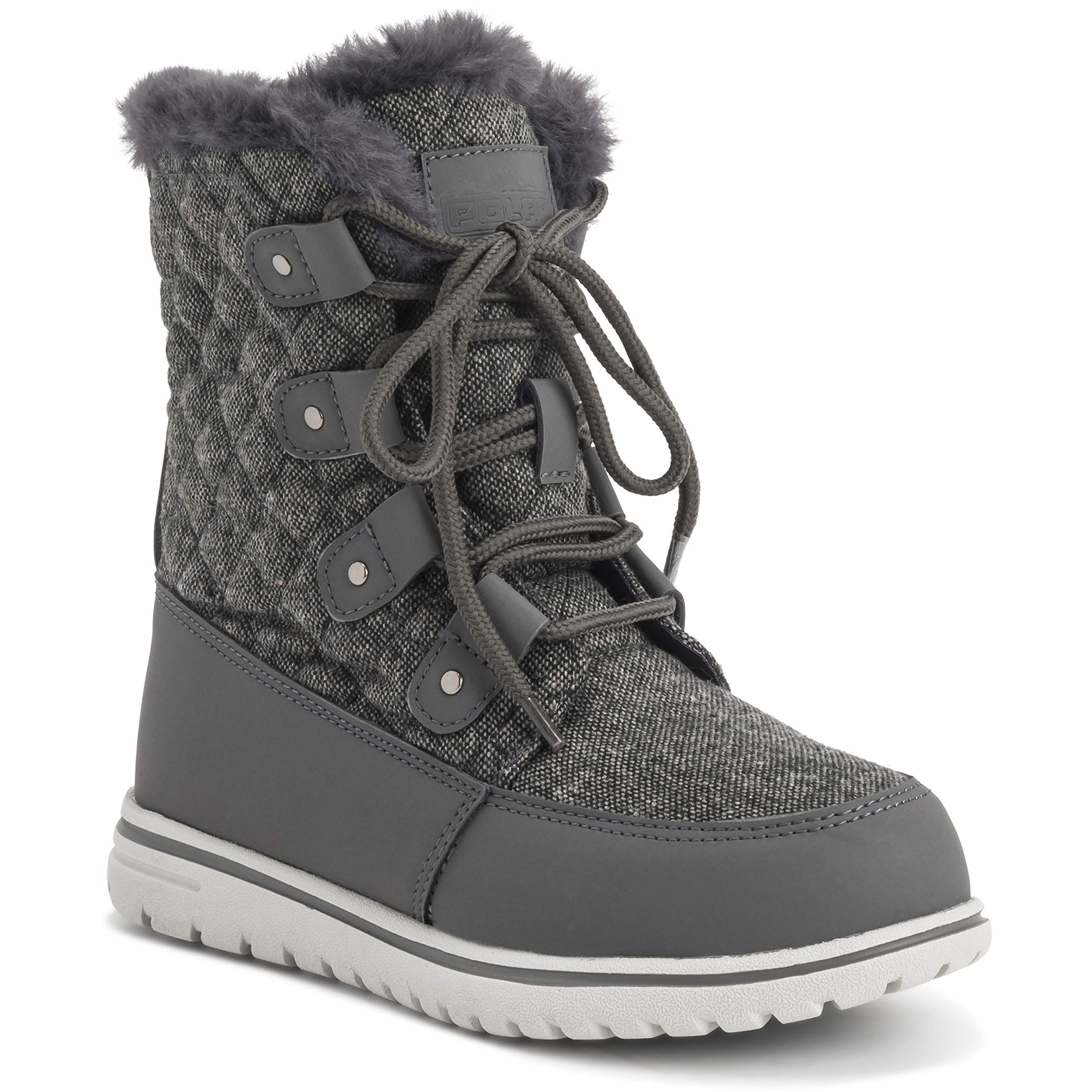 Polar Boot Women’s Waterproof Quilted Winter Snow Boots – Fur-Lined Short Ankle Boots with Thermal Insulation, Anti-Slip Rubber Sole & Lace-Up Design for Cold Weather - Grey Textile Quilted - UK7/40