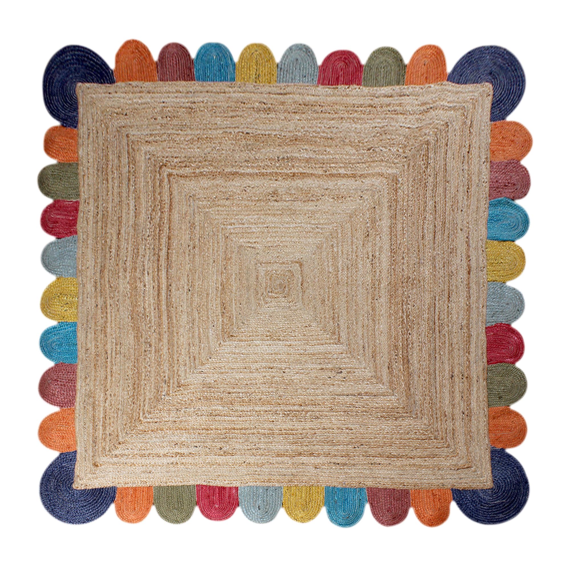 Tapis Kilim en jute tressé main rond 122 cm beige et multicolore intérieur extérieur