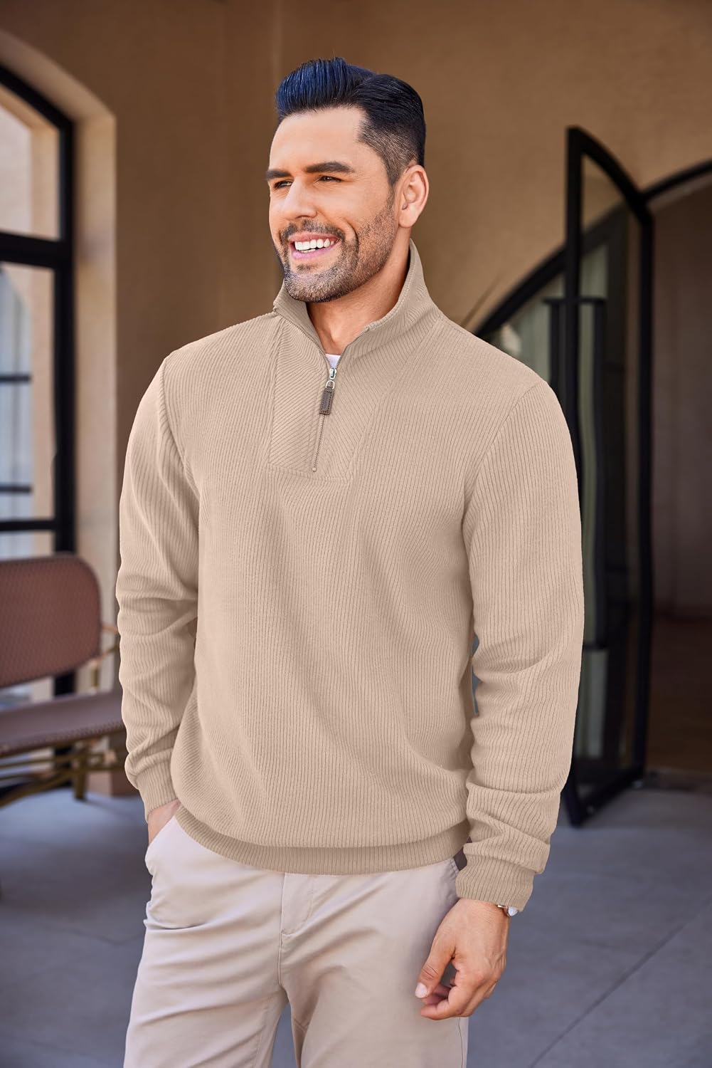 COOFANDY Men's Quarter Zip Up Pullover Mock Neck Long Sleeve Sweater Casual Corduroy Polo Sweatshirt