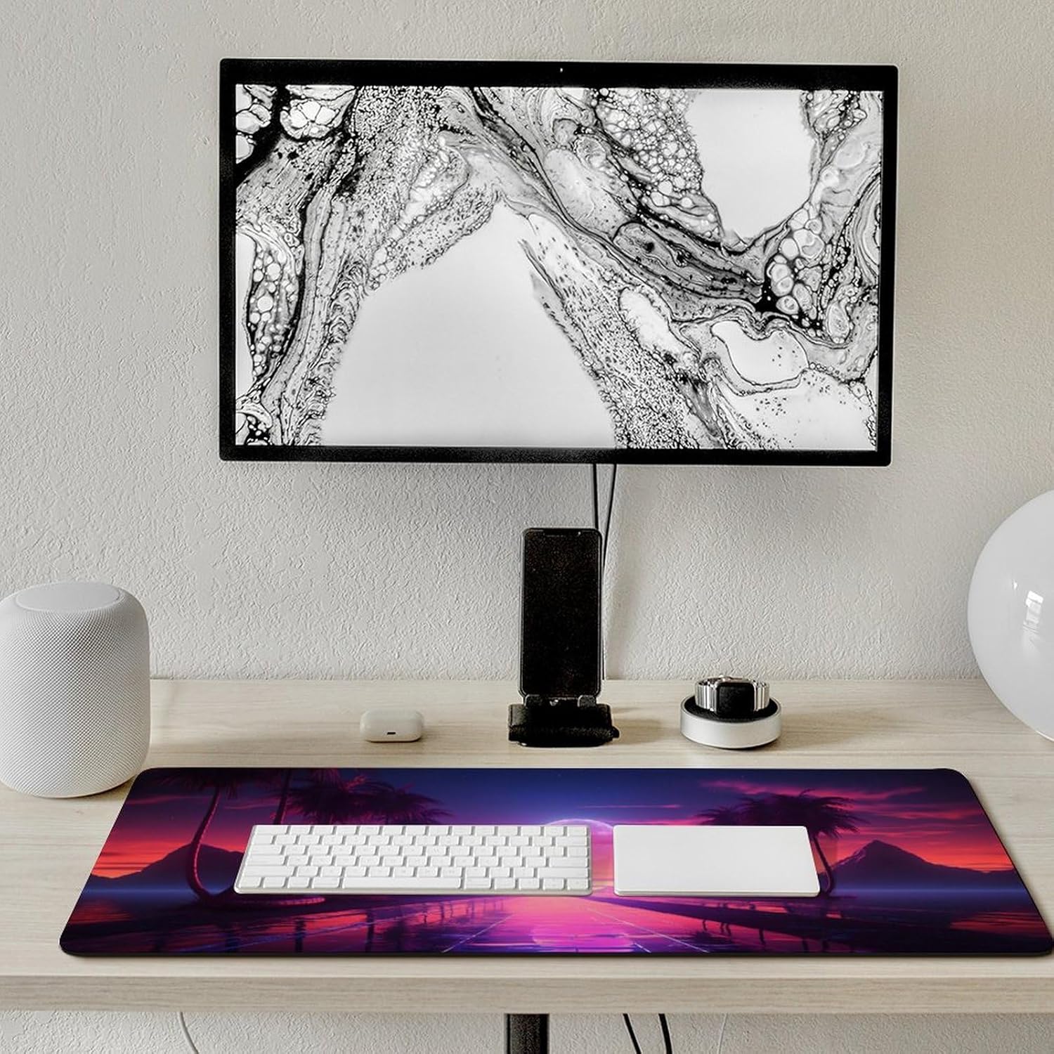 Purple Sun Palm Trees Vaporwave Cyber Large Gaming Mouse Pad Non-Slip Rubber Base Desk Mat Computer Accessories for Office & Gaming Setups 40x90cm