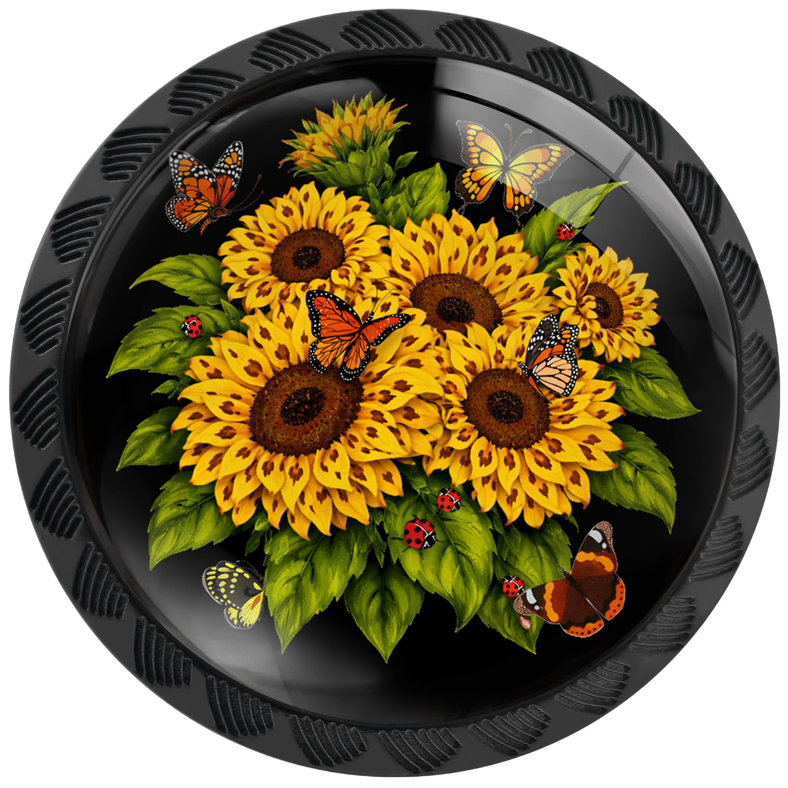 Artinhand Leopard Print Butterfly Sunflower 4 Pack Cabinet Knobs Round Drawer Pulls Black Dresser Knob Cupboard Door Handles Hardware For Kitchen Bathroom Cabinets