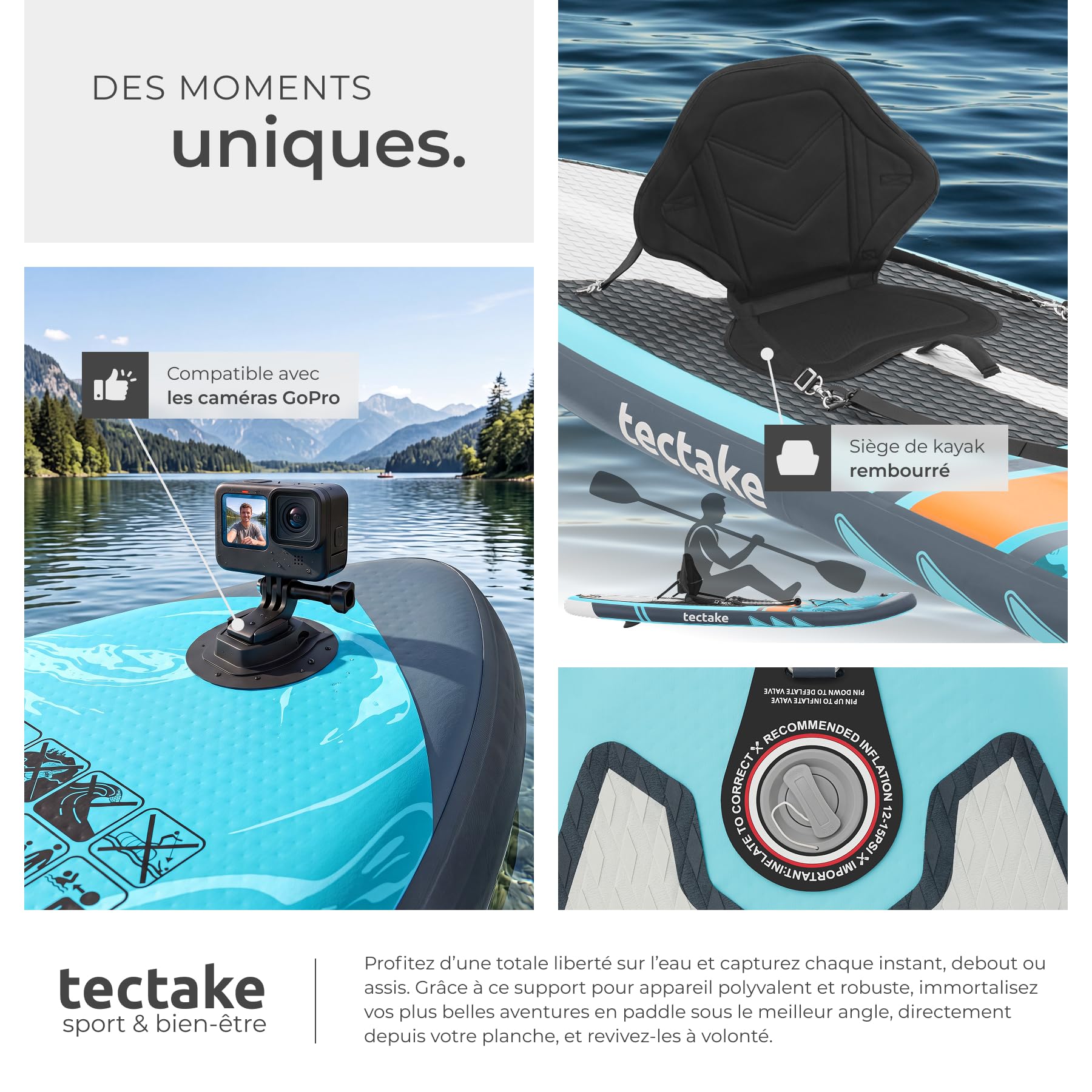 tectake® Stand-up Paddle Gonflable, Siège de Kayak, Support caméra, 288cm | Stable et léger, Surface antidérapante, Kit complet avec Pagaie double réglable et Sac à dos, Matériau Drop-Stitch, Max 200Kg