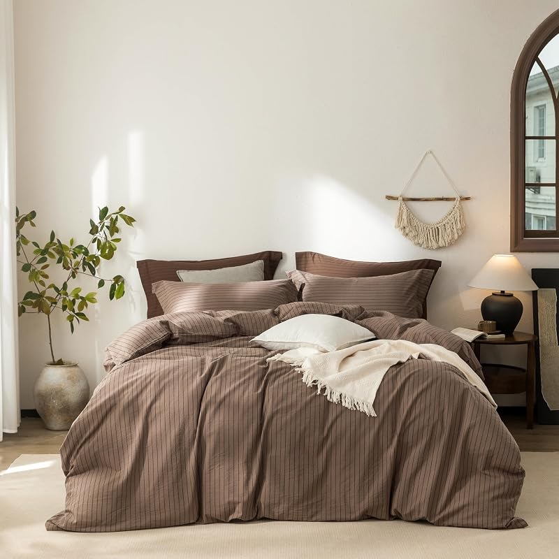 Warm Moment 3Pcs Brown & Black Striped Queen Duvet Cover Set Washed Cotton