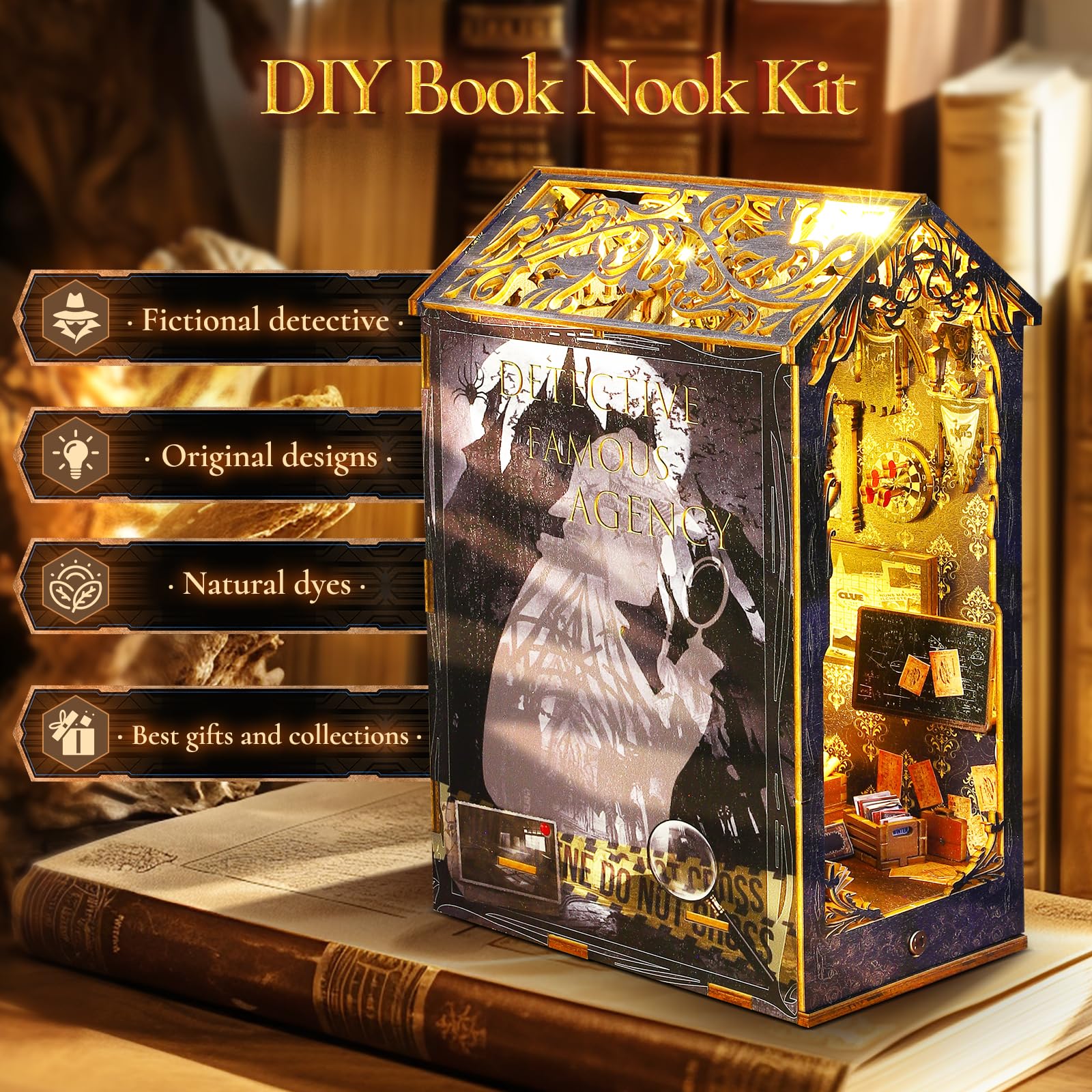 Kit angolo libri per casa delle bambole, kit angolo libri in miniatura fai da te con luci a LED, kit di costruzione di modelli in legno per casa delle bambole