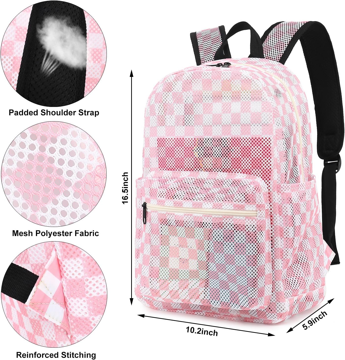 Checkered Mesh Backpack for Girls, Kids Teens School Backpacks Women Bookbags Semi-transparent Beach Backpacks (Pink) - Image 4