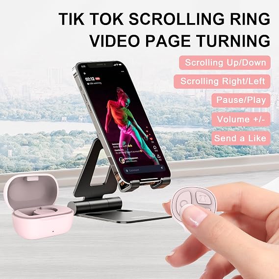 TikTok Scrolling Ring, Bluetooth Camera Remote,Scrolling Ring Remote for TikTok iPhone Facebook YouTube Instagram Android Phone, Fingertip Wireless Scroller Page Turner (Baby Pink)
