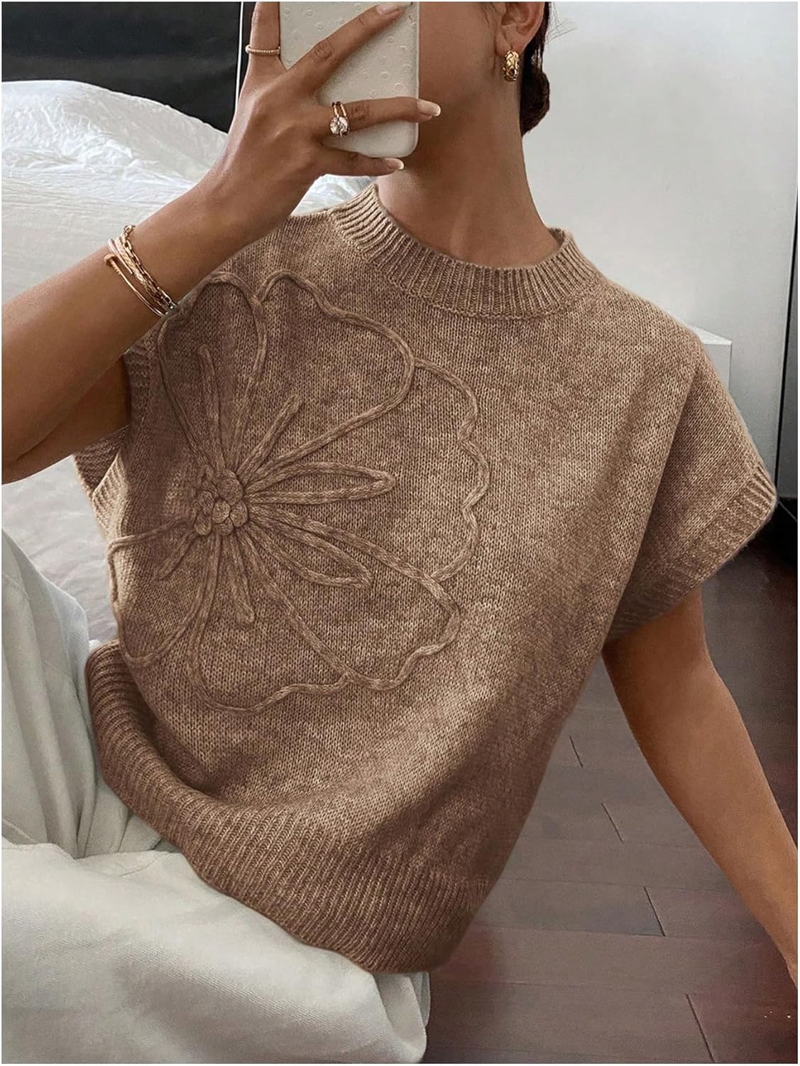 QJQ Women's Short Sleeve Sweater Vest 3D Flower Floral Decor Knit Crewnek Anthropologie Clothes Summer Casual Cute Tops 2026 Coffee Brown Small - Image 5