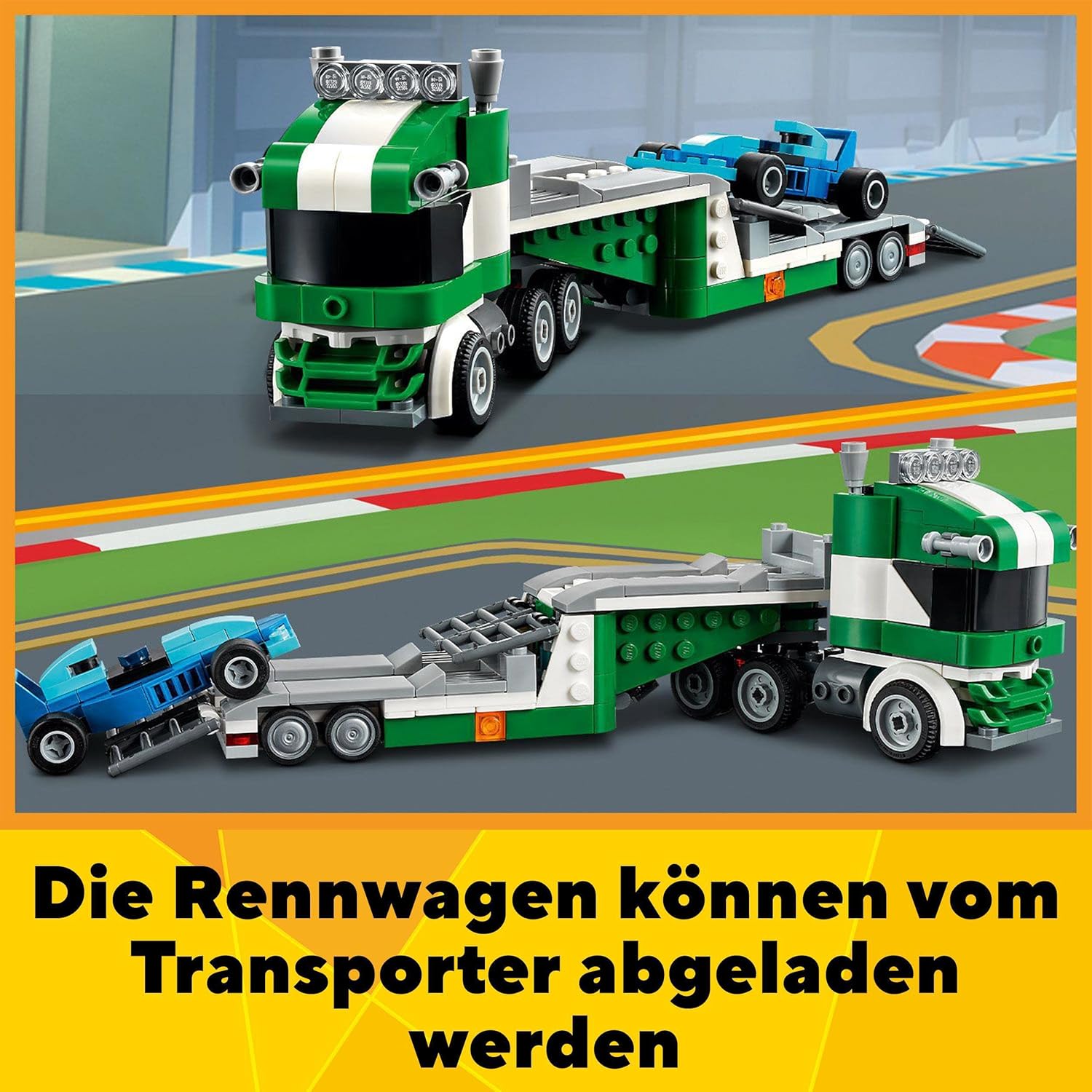 LEGO Racing Car Transporter with cars being loaded and unloaded
