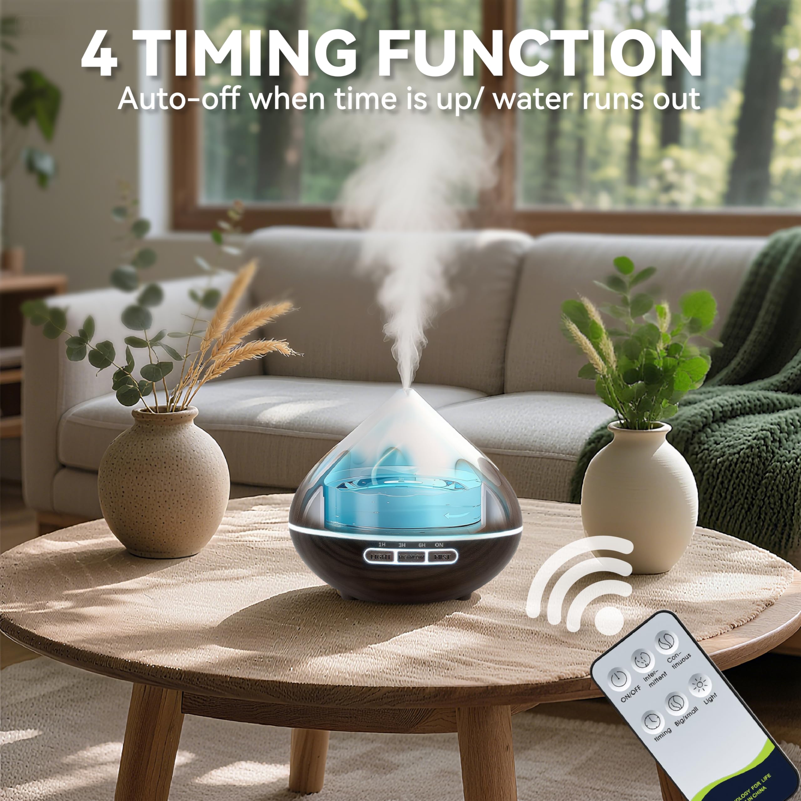 Diffusore di Oli Essenziali, 500ml aromatico a Grana di Legno, Ultrasuoni Aromaterapia con Luce Bianca Calda, Diffusore per Oli Essenziali Senza BPA, per Ufficio e Casa, Marrone Scuro