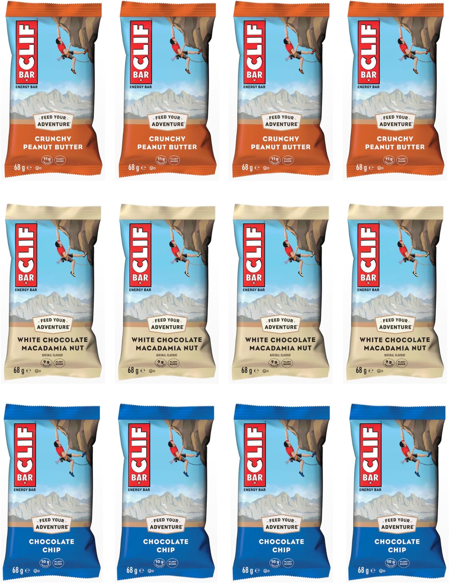 CLIF BAR - Mixed Selection Box - 4 x Chocolate Chip, 4 x Crunchy Peanut Butter, 4 x White Chocolate Macadamia - 12 x 68g Plant Based Bars