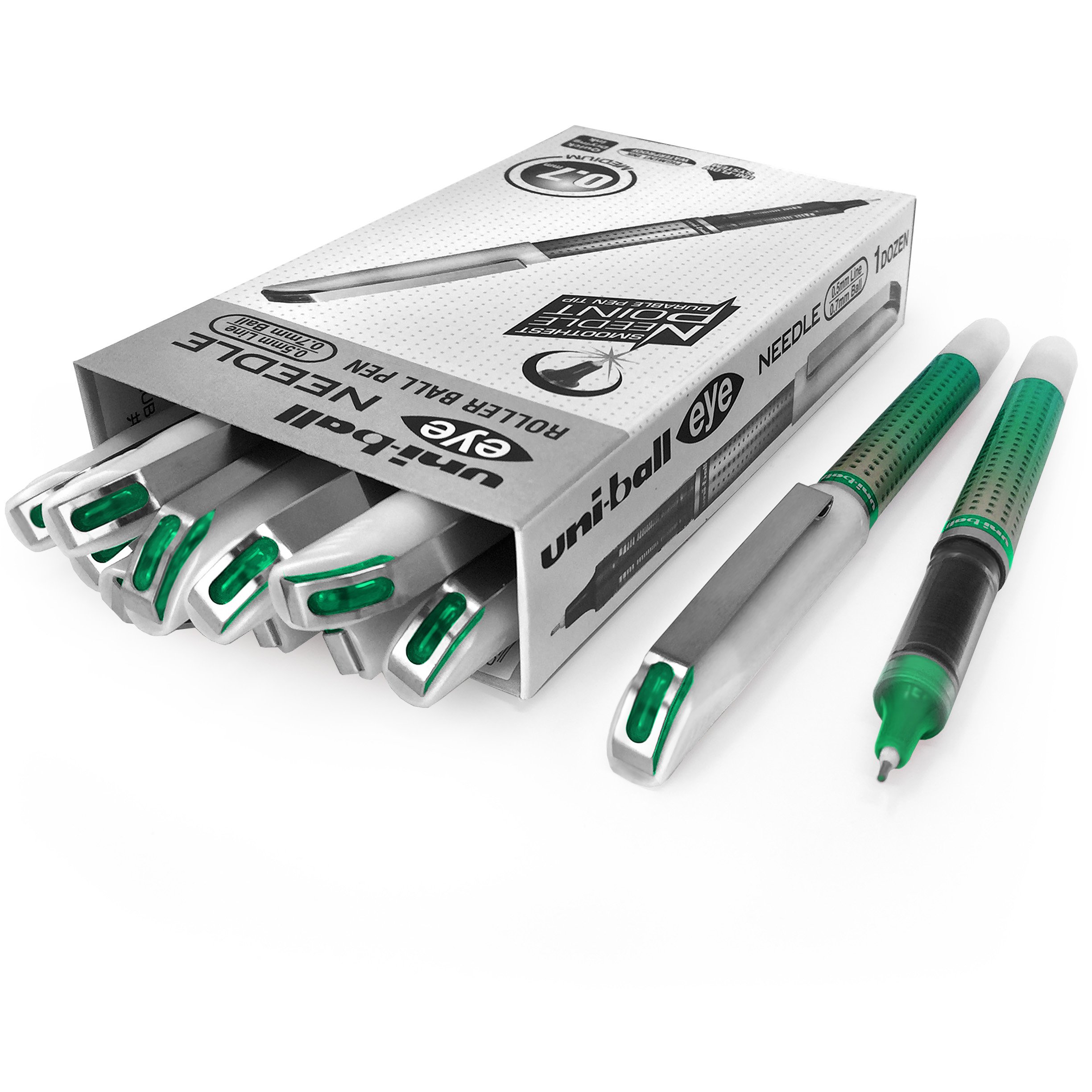 Uni-Ball UB-187s Eye Needle Roller Ball Pen GREEN 0.7mm Ball - (Pack Of 12)
