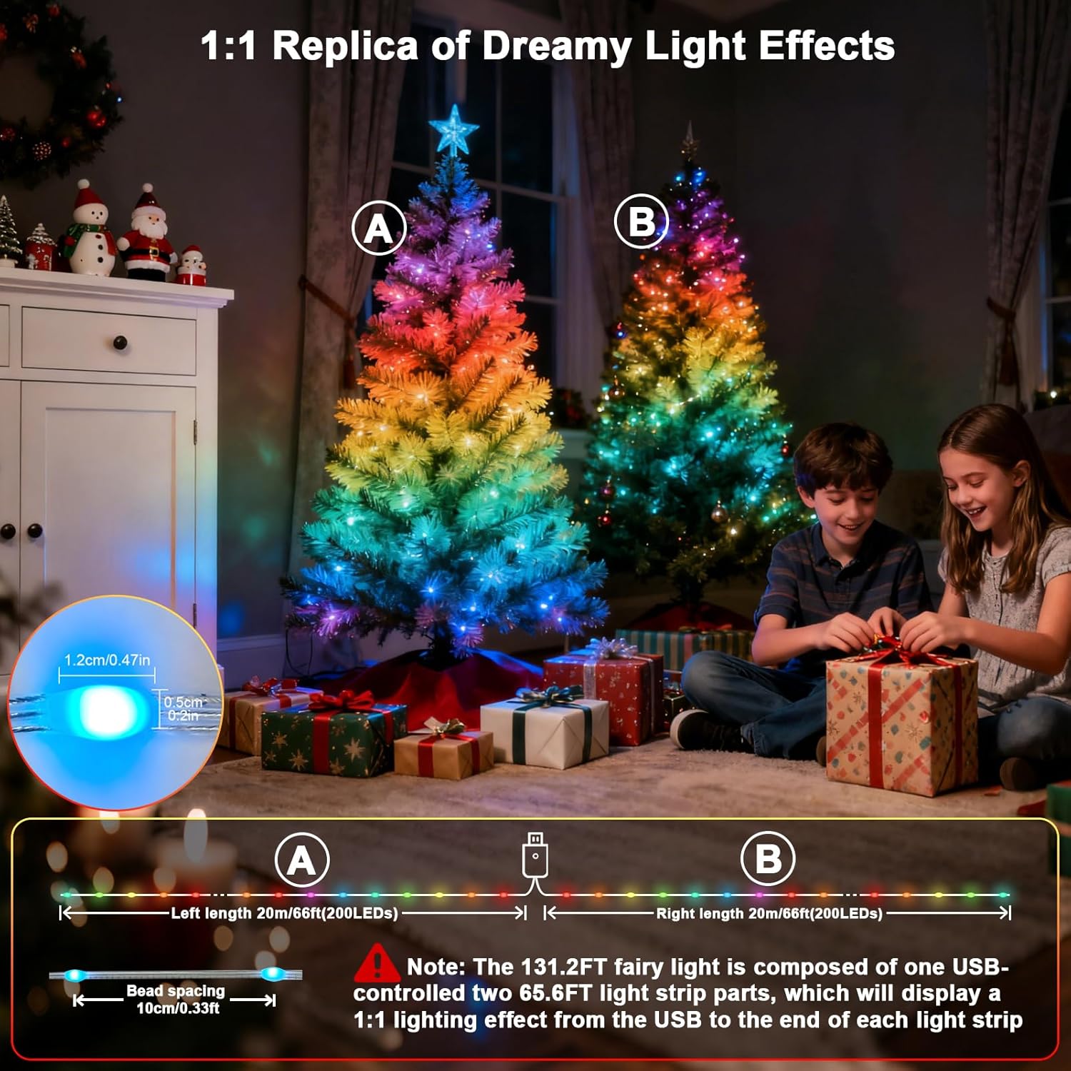 Smart Fairy Lights 131.2Ft 400LEDs, Color Changing led String Lights with Remote & APP Control, DIY RGB-IC Dynamic Multicolor Twinkle Lights for Indoor Christmas Room Bedroom Party Decor