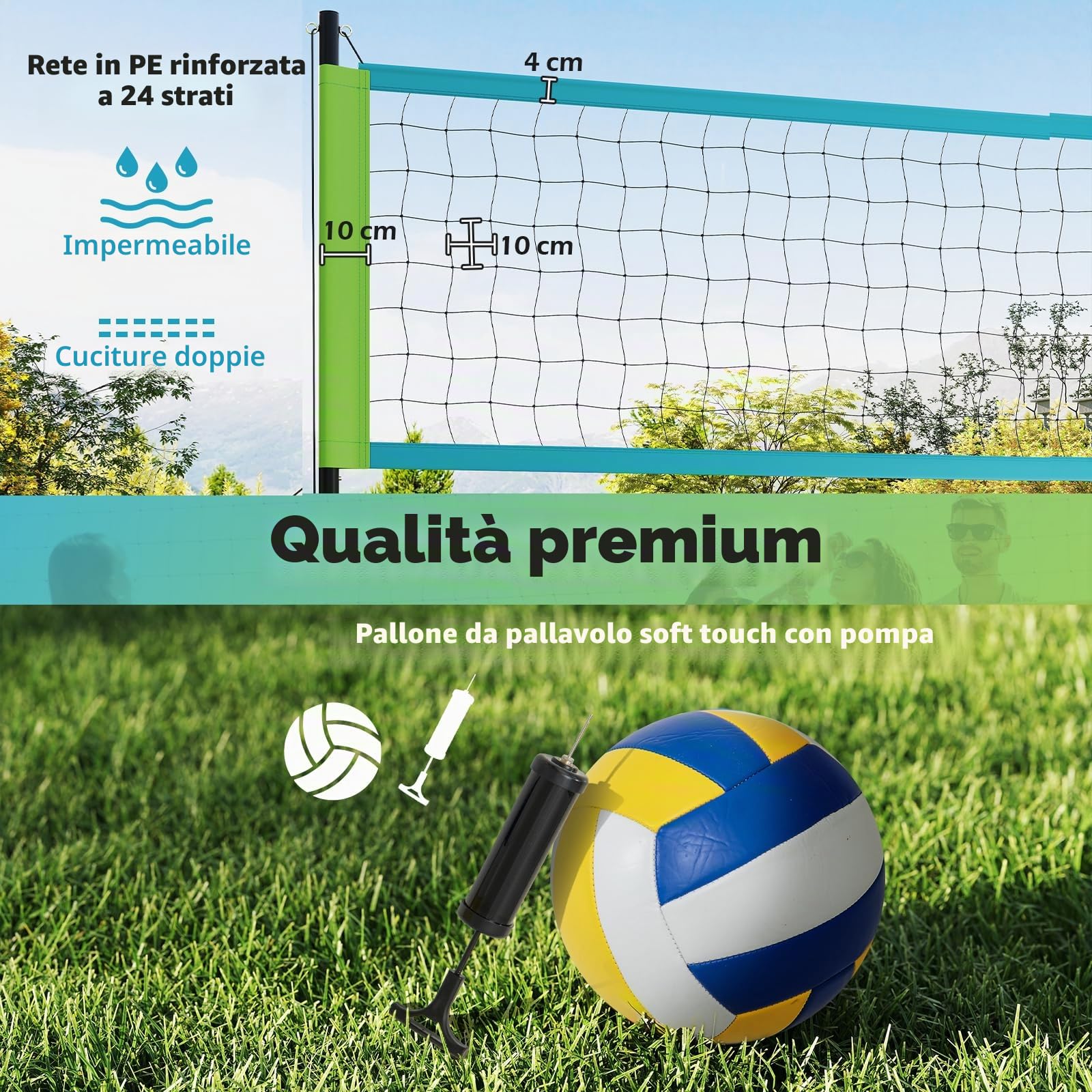 LIFEZEAL Rete da pallavolo per piscina, rete da pallavolo portatile, con pali regolabili in altezza, design antiscivolo, marcatori, pompa, martello, borsa da trasporto