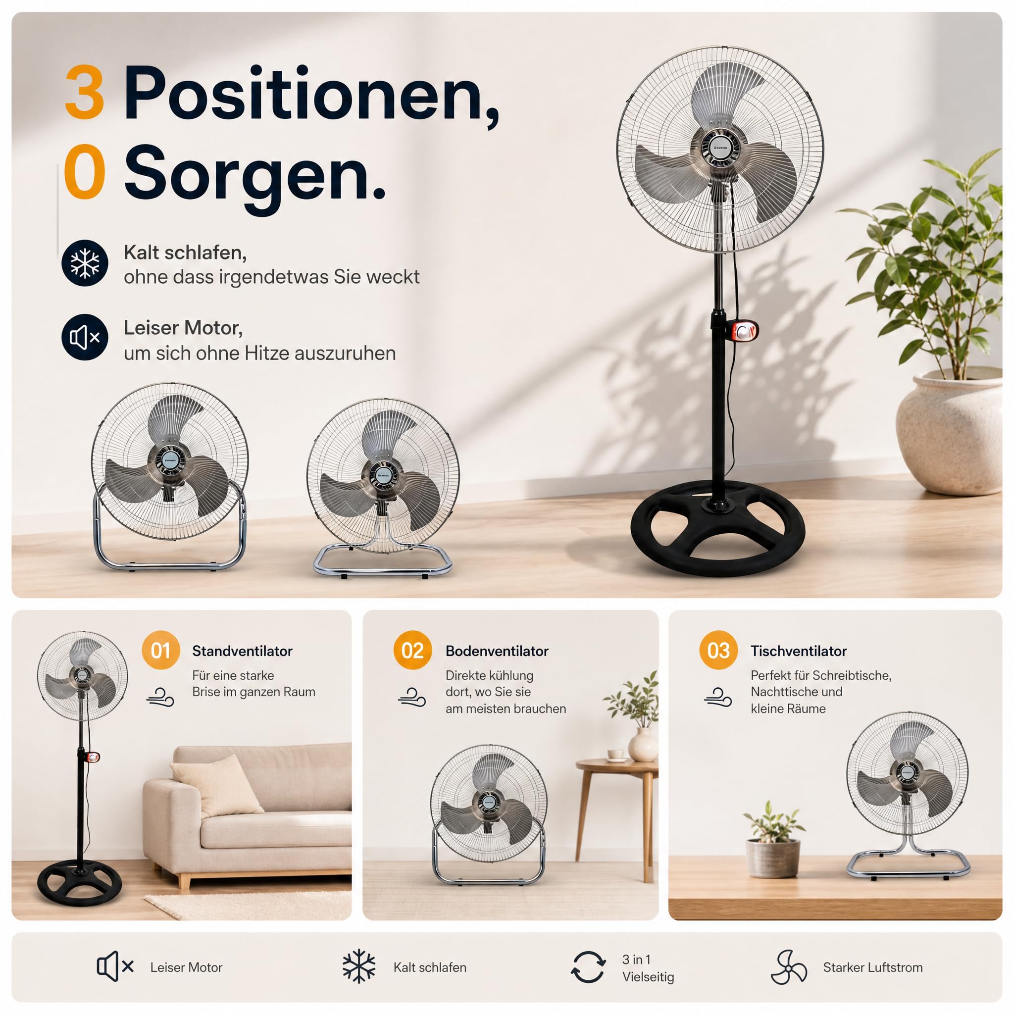Standventilator 55 W Ø45 cm Edelstahlflügel 3 Geschwindigkeitsstufen Metallventilator