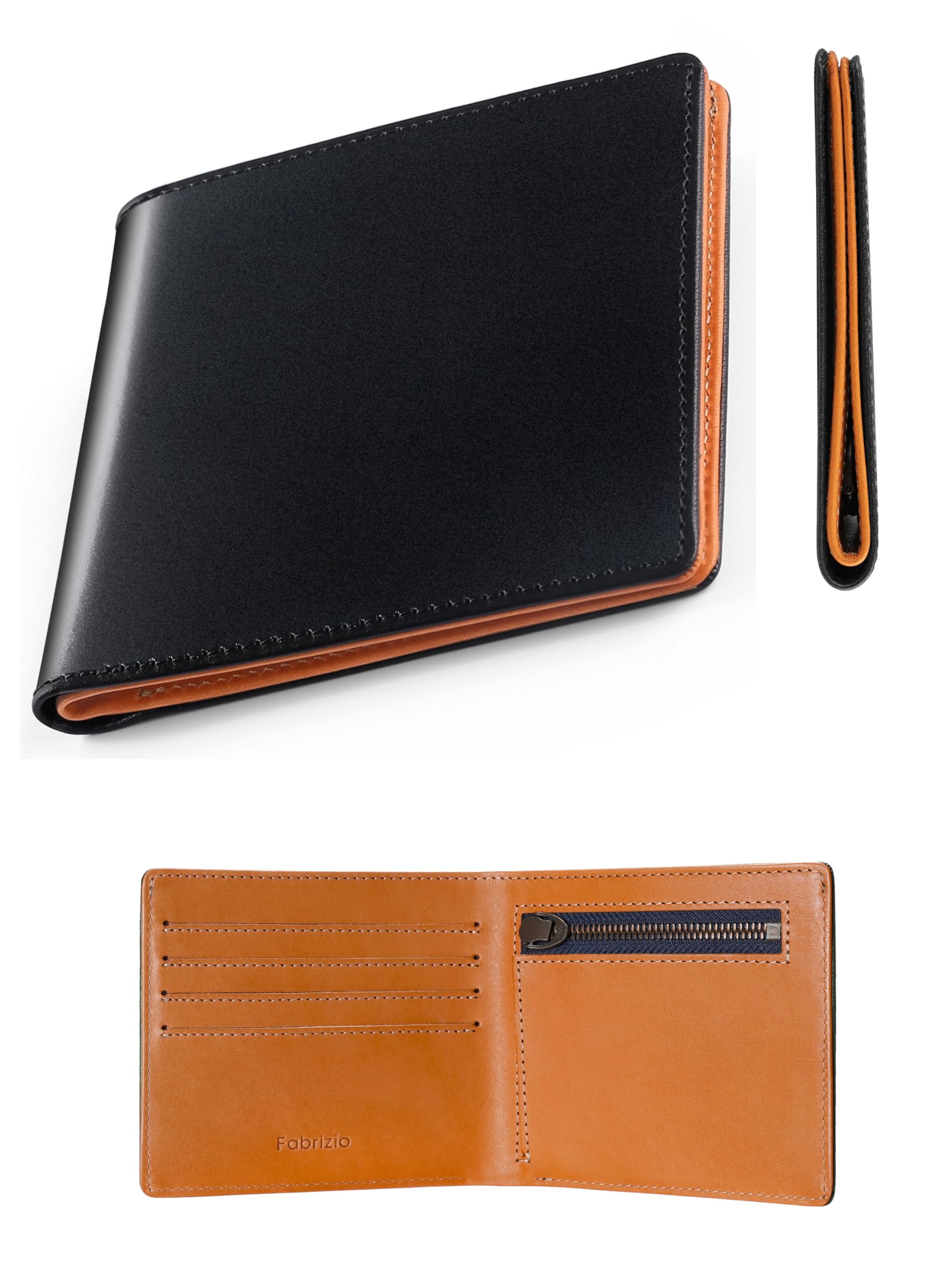 [Fabrizio] Ultra Thin Wallet, Men's, Women's, Bifold, Thin Coin Purse, Easy to Use, Italian Leather, Made by Top Leather Craftsmen, Genuine Leather, YKK Zipper, Black : Clothing, Shoes & Jewelry