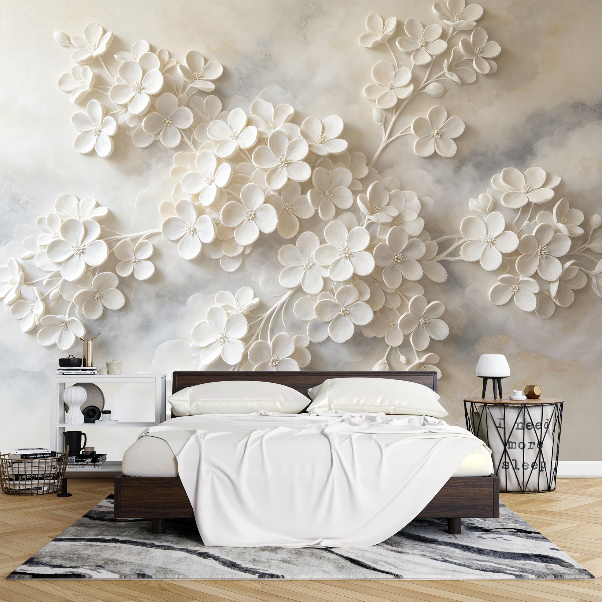 Papier Peint Photo 3D 265 x 280 cm Motif Floral Blanc Intissé Idéal pour Décoration Fresque Murale Du Salon la Chambre Du Couloir et la Maison.