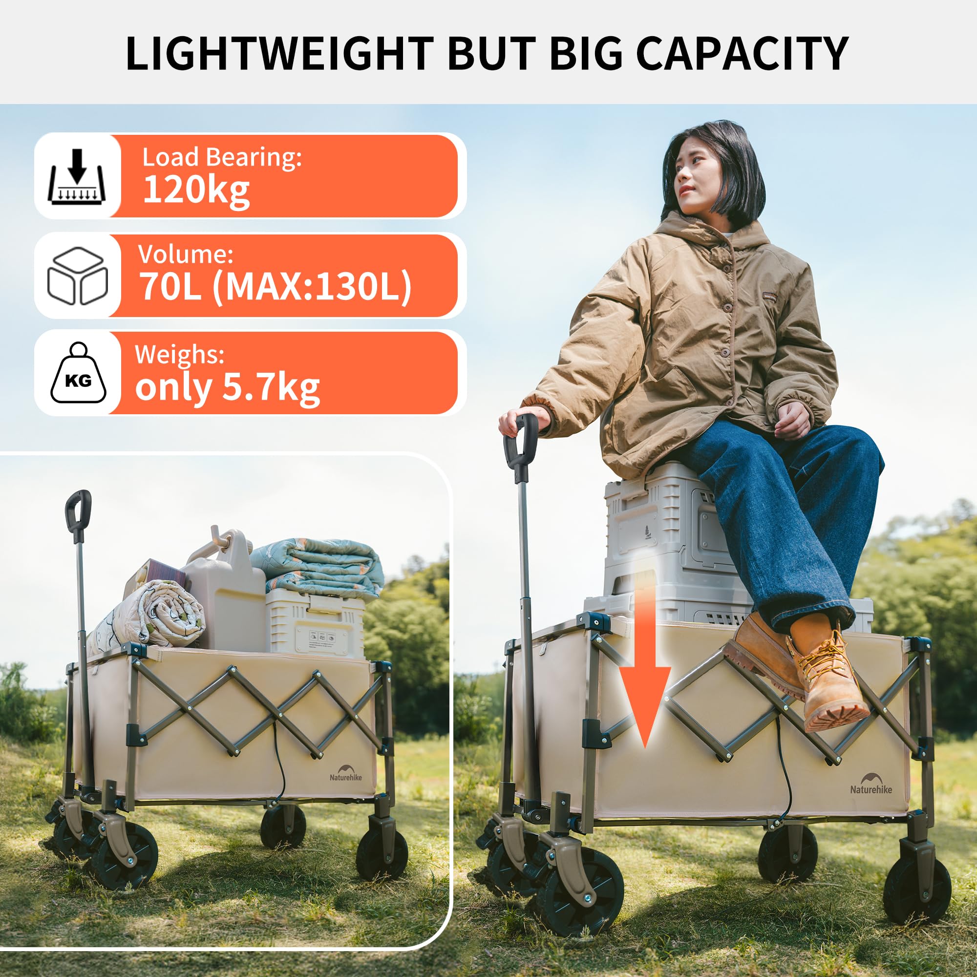 Naturehike Wózek festiwalowy 120kg Składany wózek plażowy z hamulcem Regulowany uchwyt Torba pokrowca i 360° Wszechterenowy wózek na kemping i do ogrodu (brązowy)