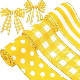 3 Rolls/ 15 Yards Yellow Burlap Wired Ribbons Plaid Wrapping Ribbons Buffalo Check Plaid Stripe Dots Ribbons for Bee Lemon Theme Party DIY Crafts Summer Home Wreath Decoration