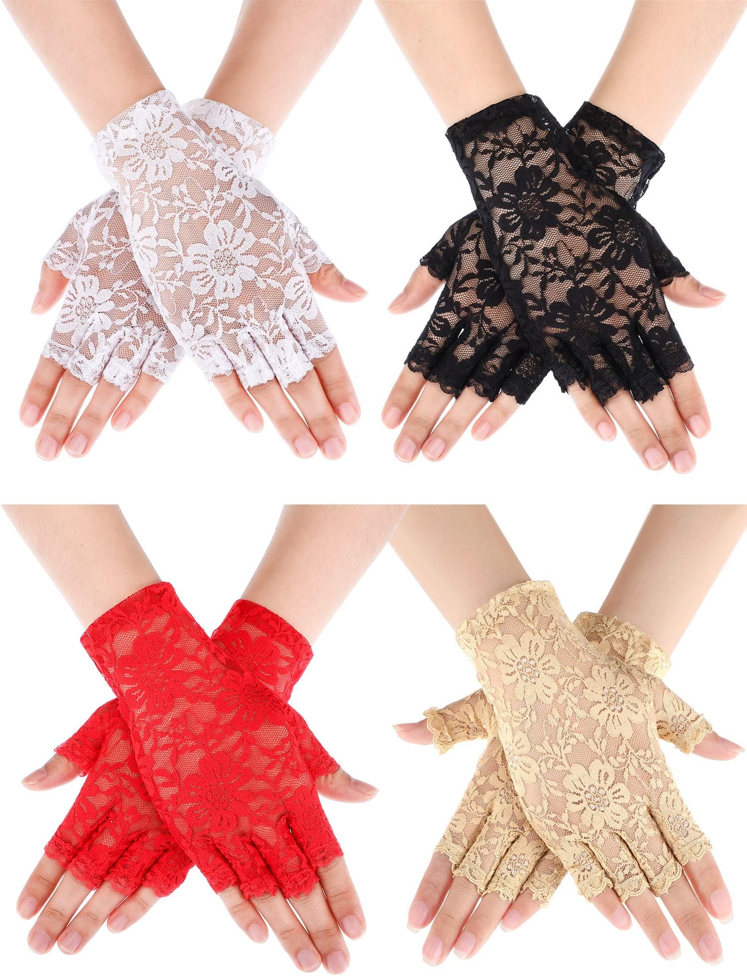 4 Pairs Short Lace Fingerless Gloves Women Floral Lace Gloves Ladies Bridal Prom Gloves for Halloween Cosplay Fancy Dress Wedding Tea Party Costume, Multicolor