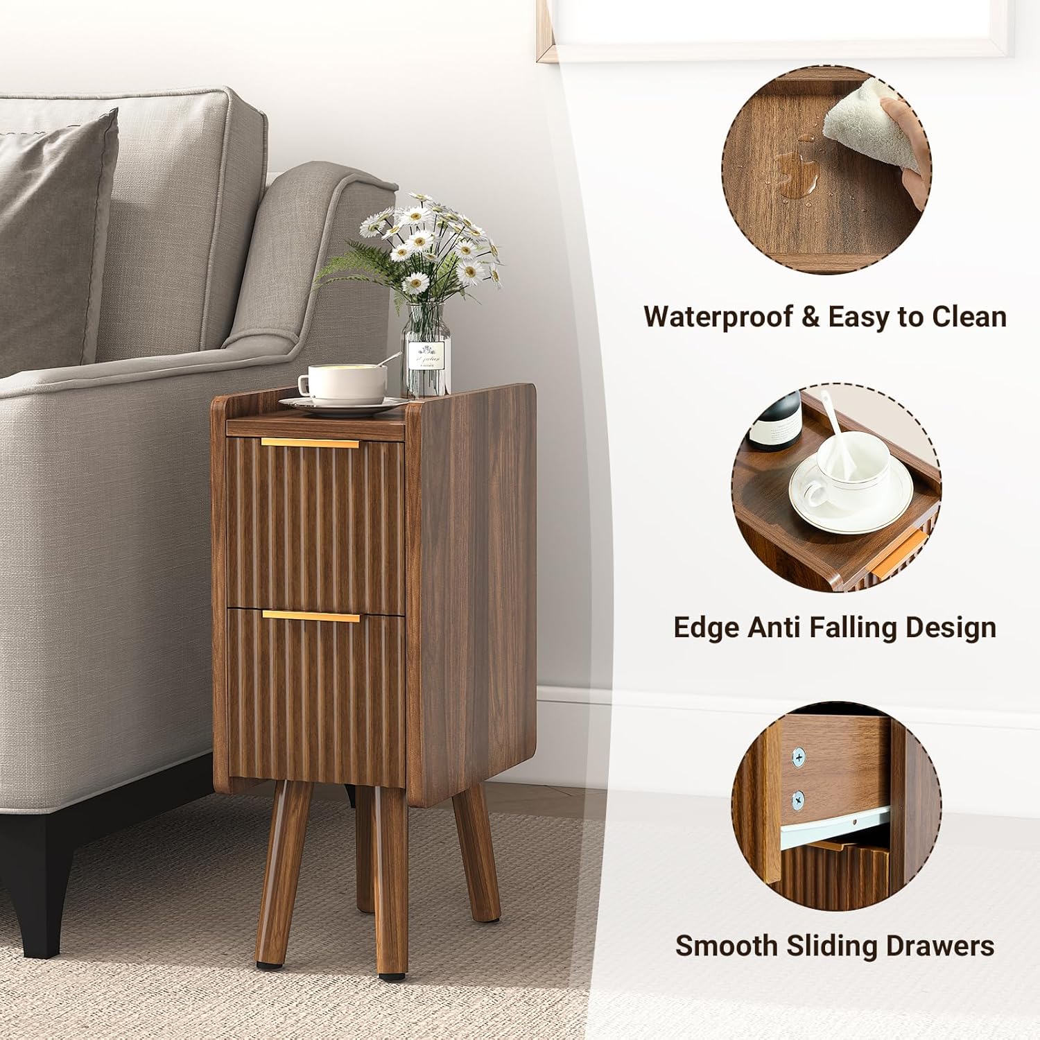 Assembled ELYKEN HNT02 Narrow Side Table placed next to a sofa in a living room setting.