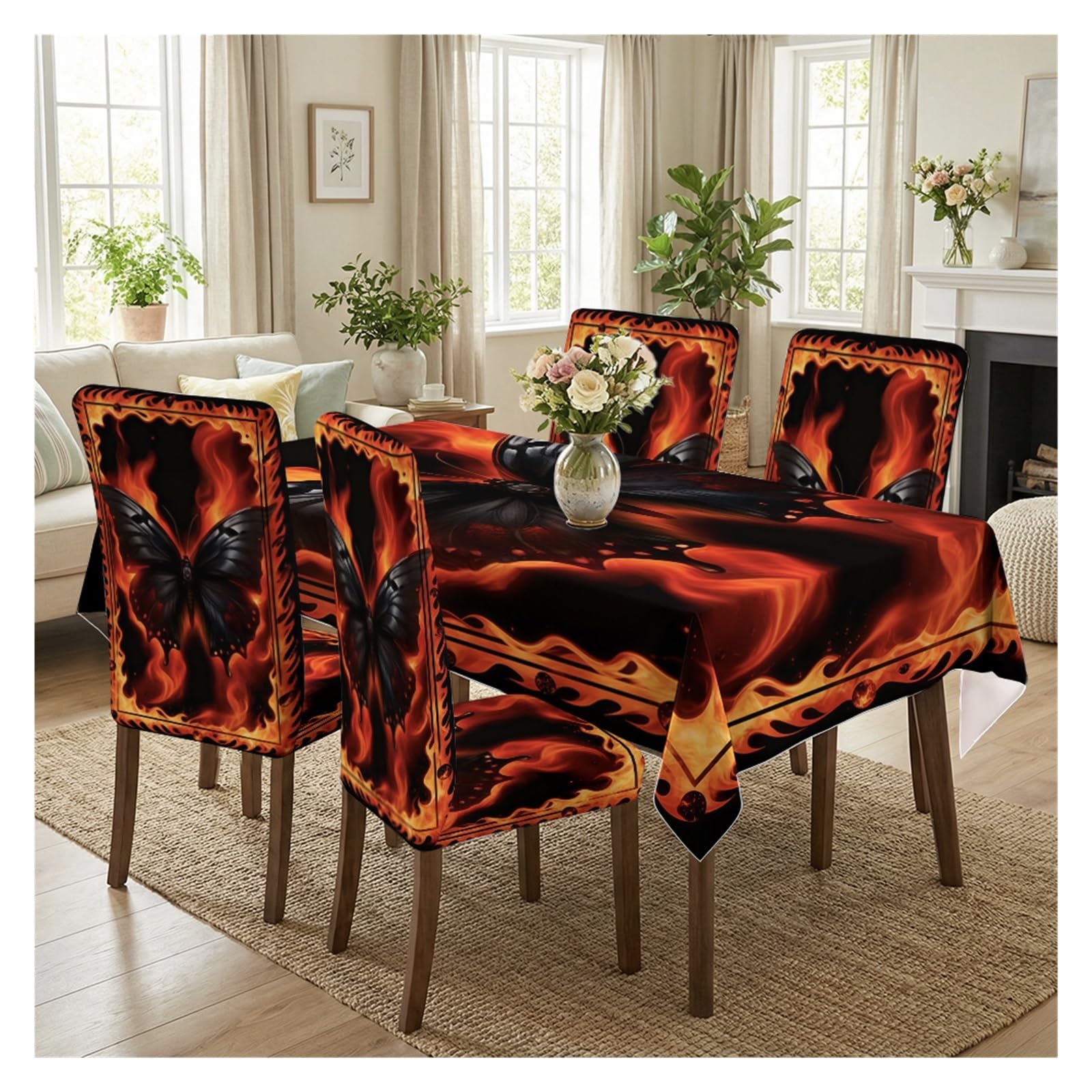 KXUAUV Gothic Black Butterfly Fire Flame Print Tablecloth And Chair Covers Set, Stretch Slipcovers For Halloween Themed Dining Room Decor, 5/7 Pack Party Decor(5pcs Set: Tablecloth+Chair Covers)