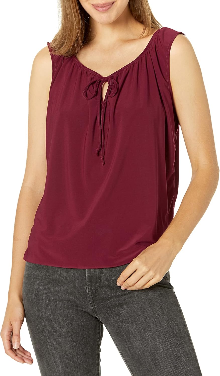 Star Vixen Women's Sleeveless Peasant Top with Tie Neck