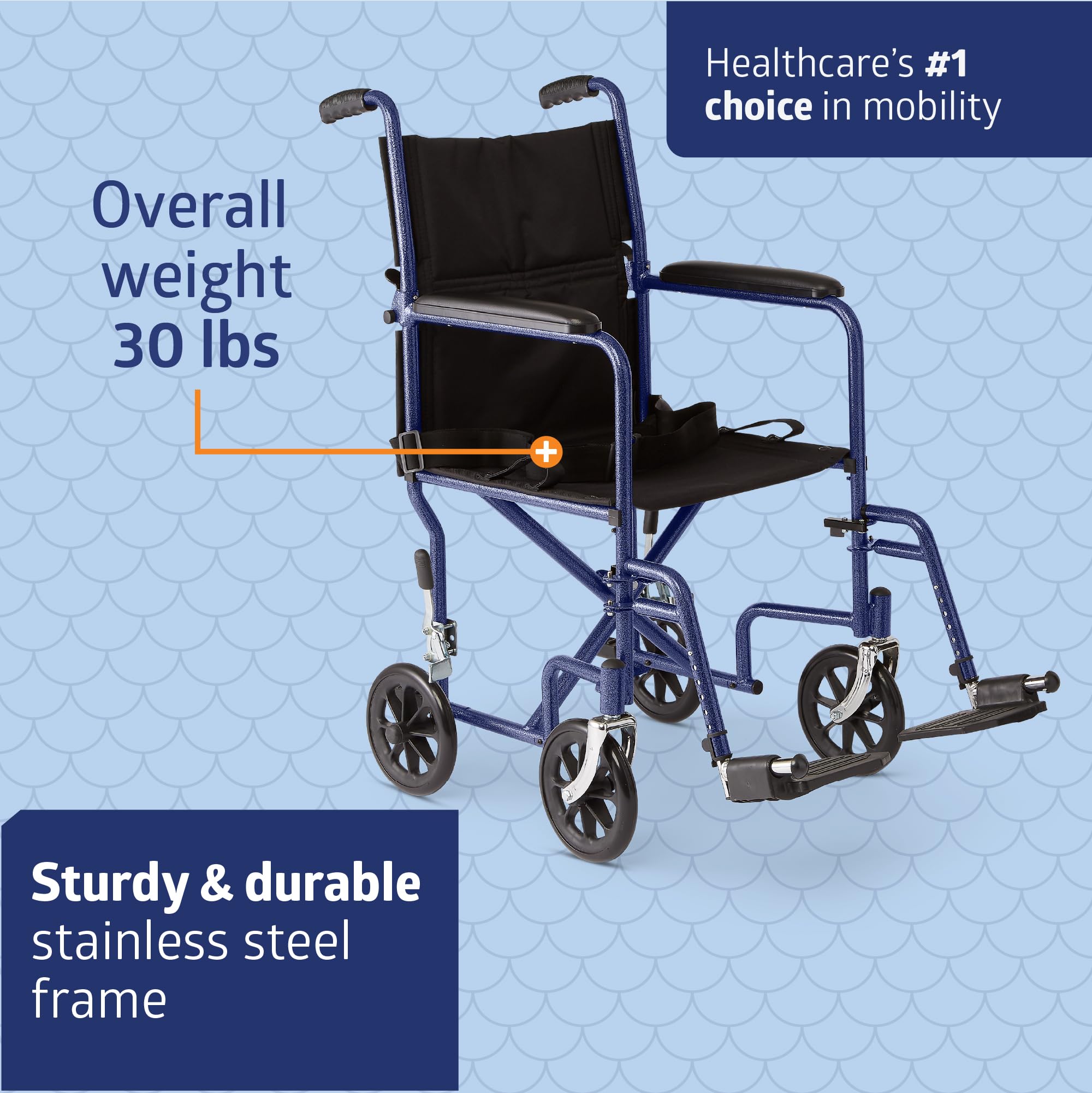 Medline Steel Transport Chair, Folding Transport Wheelchair, Removable Swing-Away Footrests, Full-Length Armrests, 17" Seat, 250 lb. Capacity, Blue — Amazon image 4