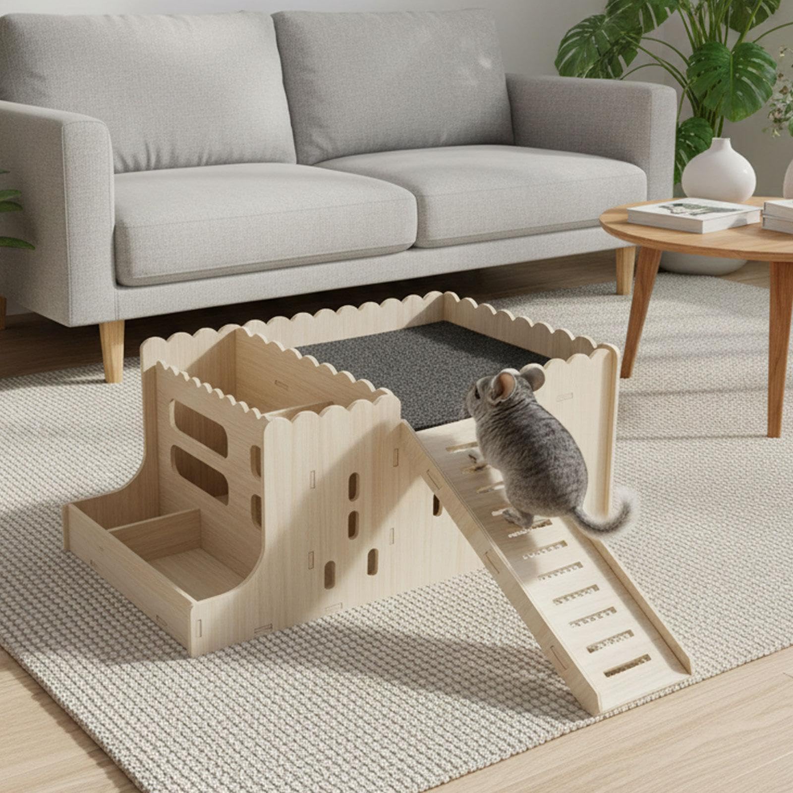 Casa para Hámster Refugio de Madera Hogar de Roedores Multifuncional para Dormir y Comer con Diseño de Arco y Comedero Superficie Suave Fácil
