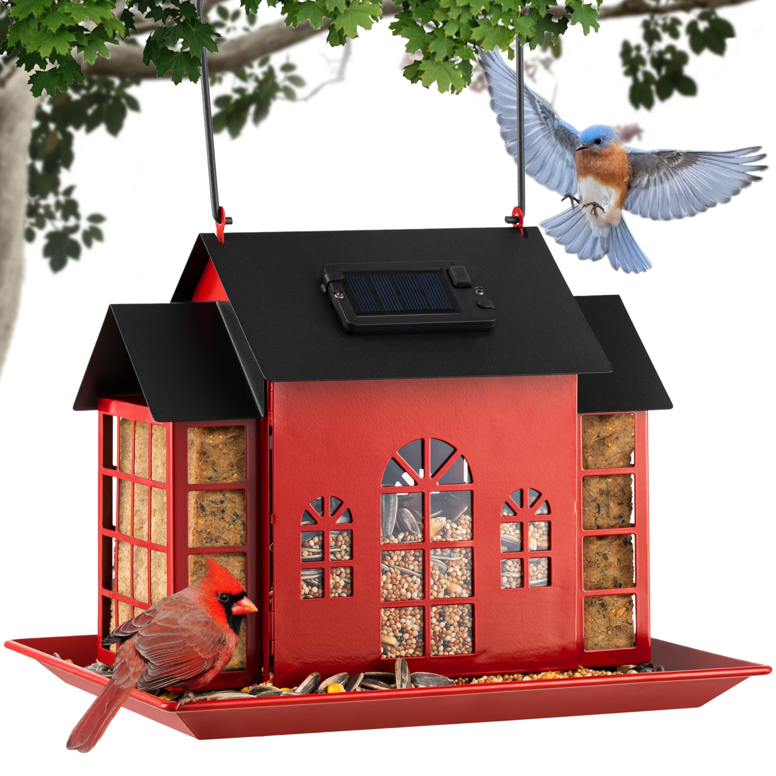 Comederos para pájaros para exteriores, comedero solar para pájaros, comedero de metal colgante con doble jaula de sebo, comedero de pájaros cardenal de gran capacidad, comedero para pájaros al aire