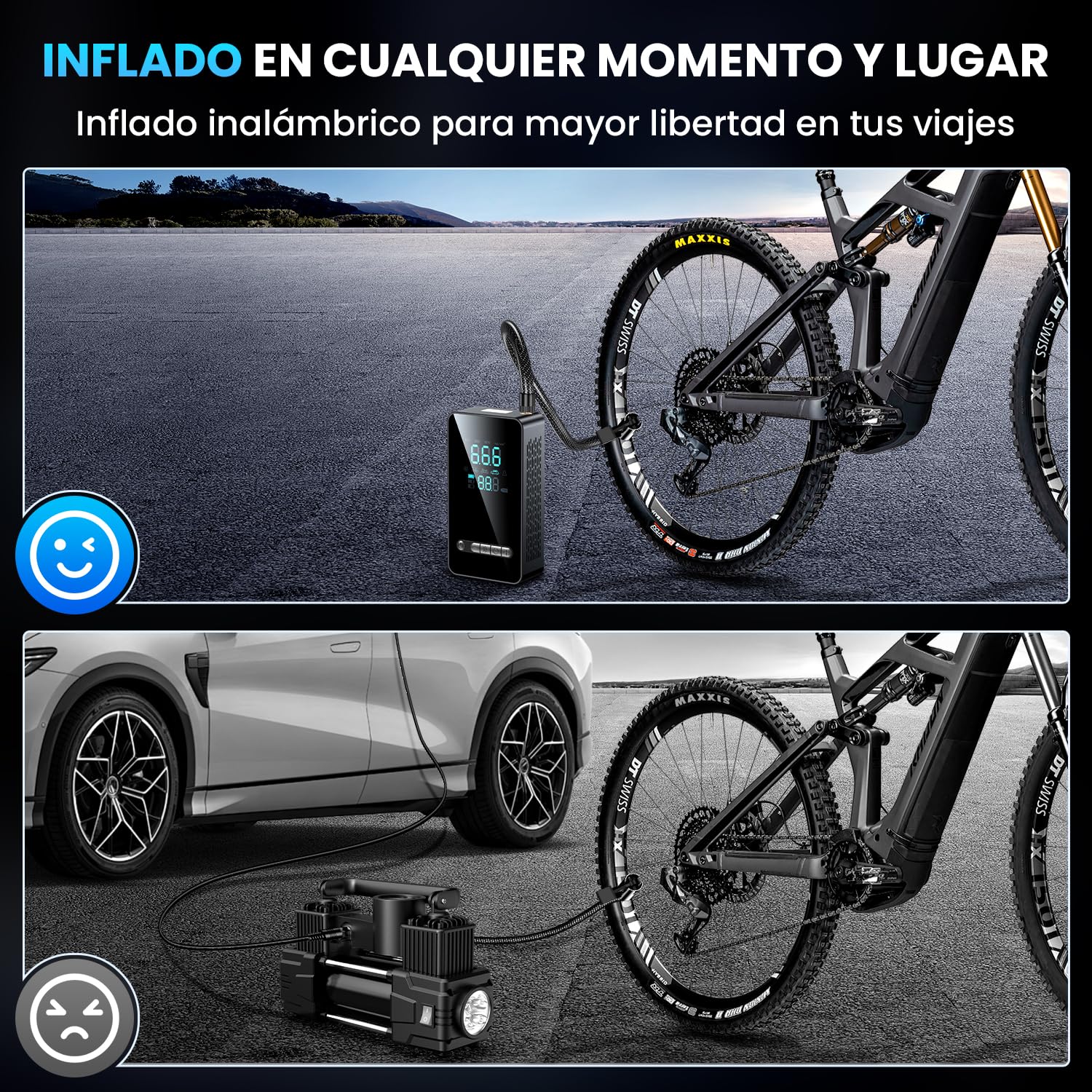 Inflador Ruedas Coche - Compresor Aire Portatil 150PSI con Linterna y Batería Recargable - para Coches, Motos, Bicicletas | Manómetro Digital | SOS Emergencia y Carga USB para Viajes Familiares — view 9