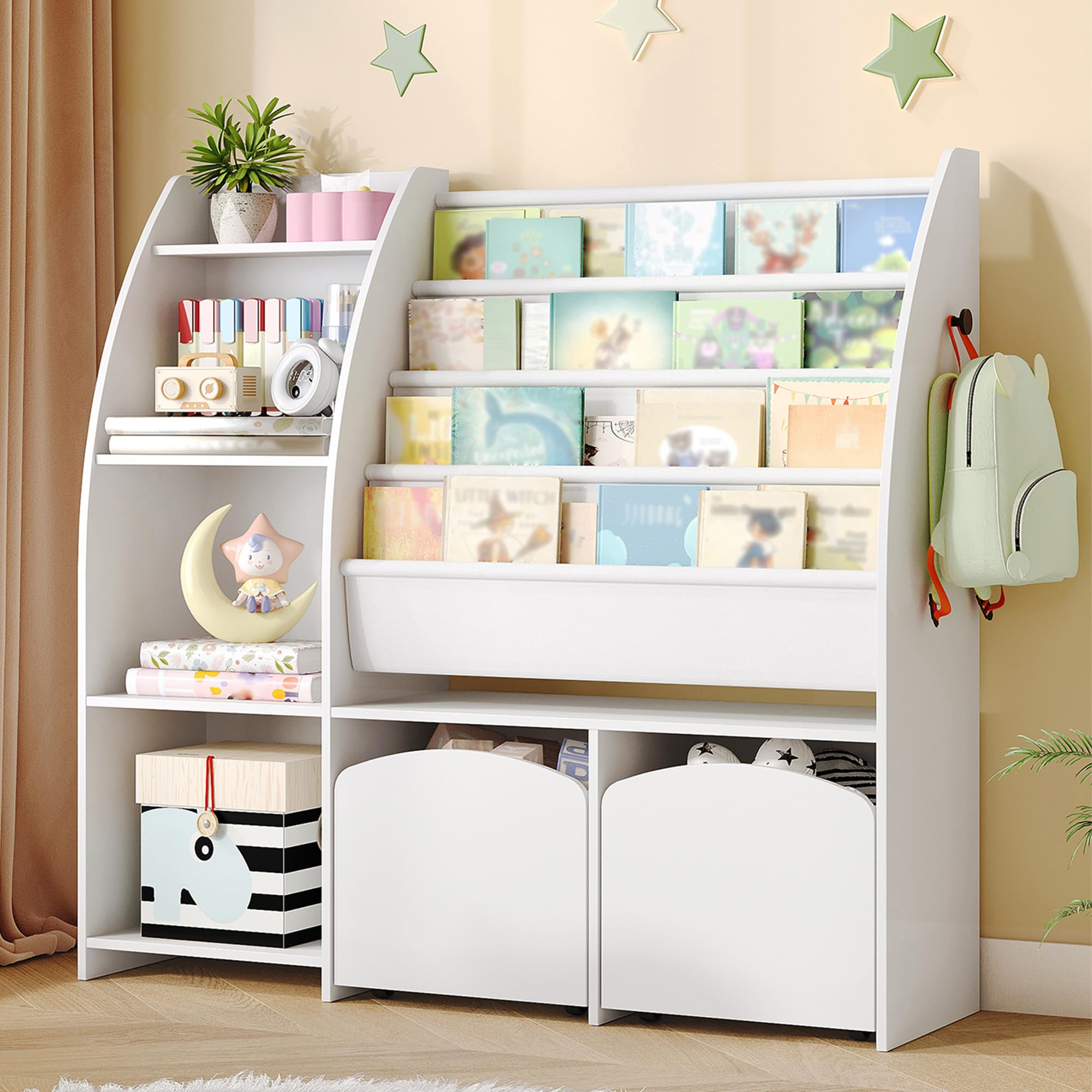 Hzuaneri Bibliothèque Enfant avec Porte-journaux, Meuble Rangement Enfant, Étagère à Jouets avec 2 colonnes, 4 étagères, 30 x 105 x 100 cm, Blanc KB12003W