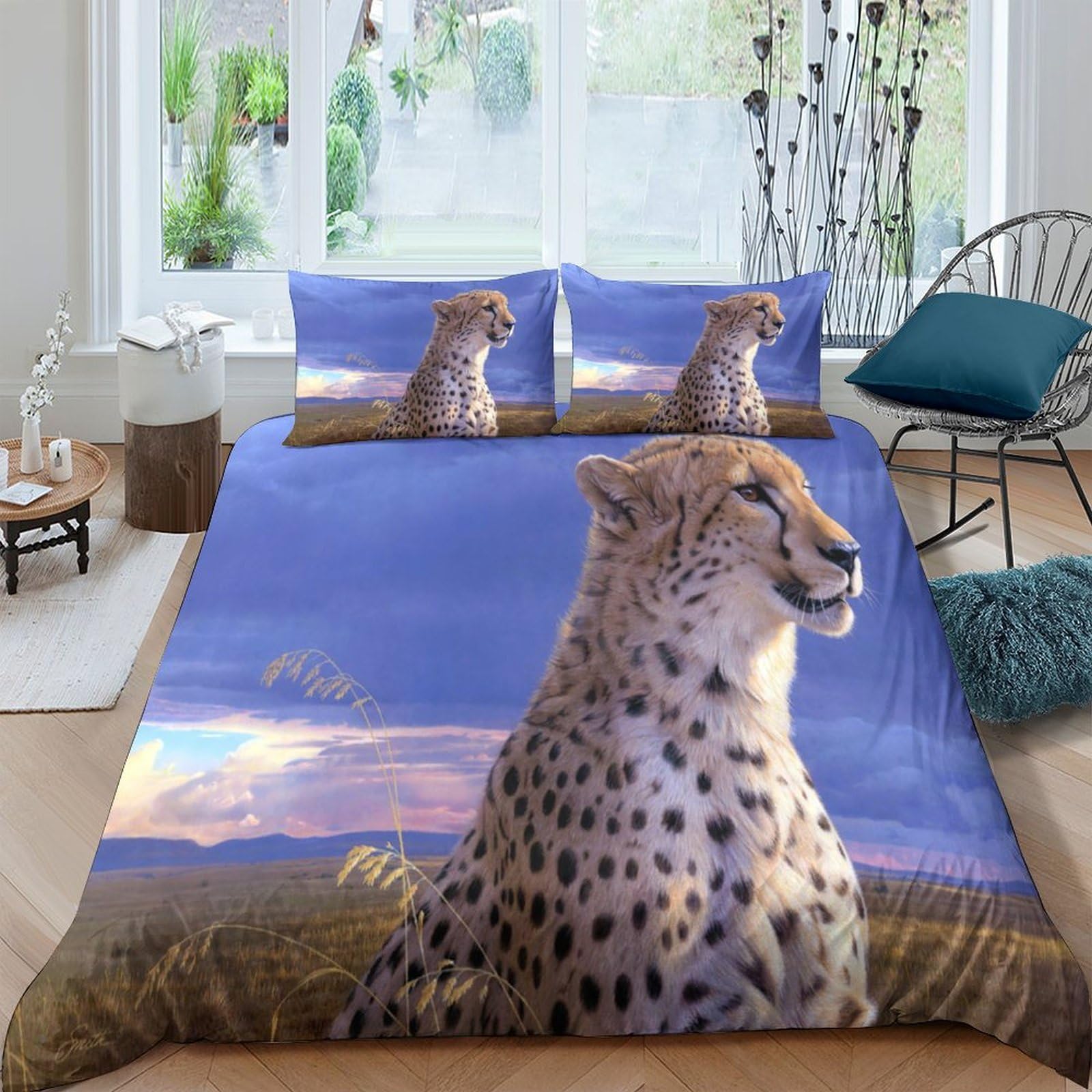 Ctjqhvkz Style-10 3D Printed Cheetah Savannah Fitted Sheet Microfiber Soft Breathable Sunset Grassland Mattress Cover Bedroom Decor Single（135X200cm）