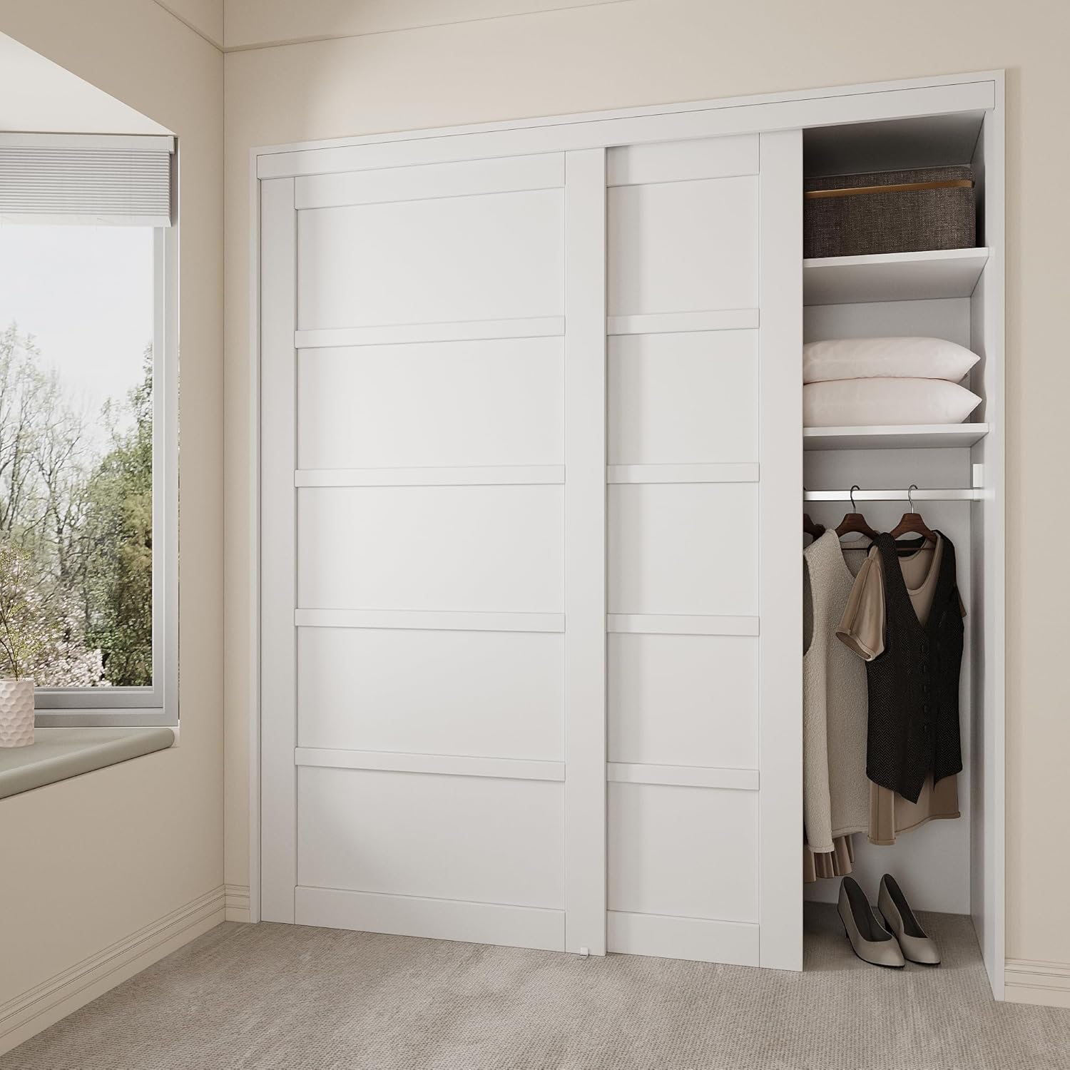 72" × 80" Sliding Closet Doors for bedrooms, Solid core Interior Doors with Water-Resistant Surface, Five-Panel Sliding Doors with Hardware kit,Pre-drilled Panel Assembly Required.