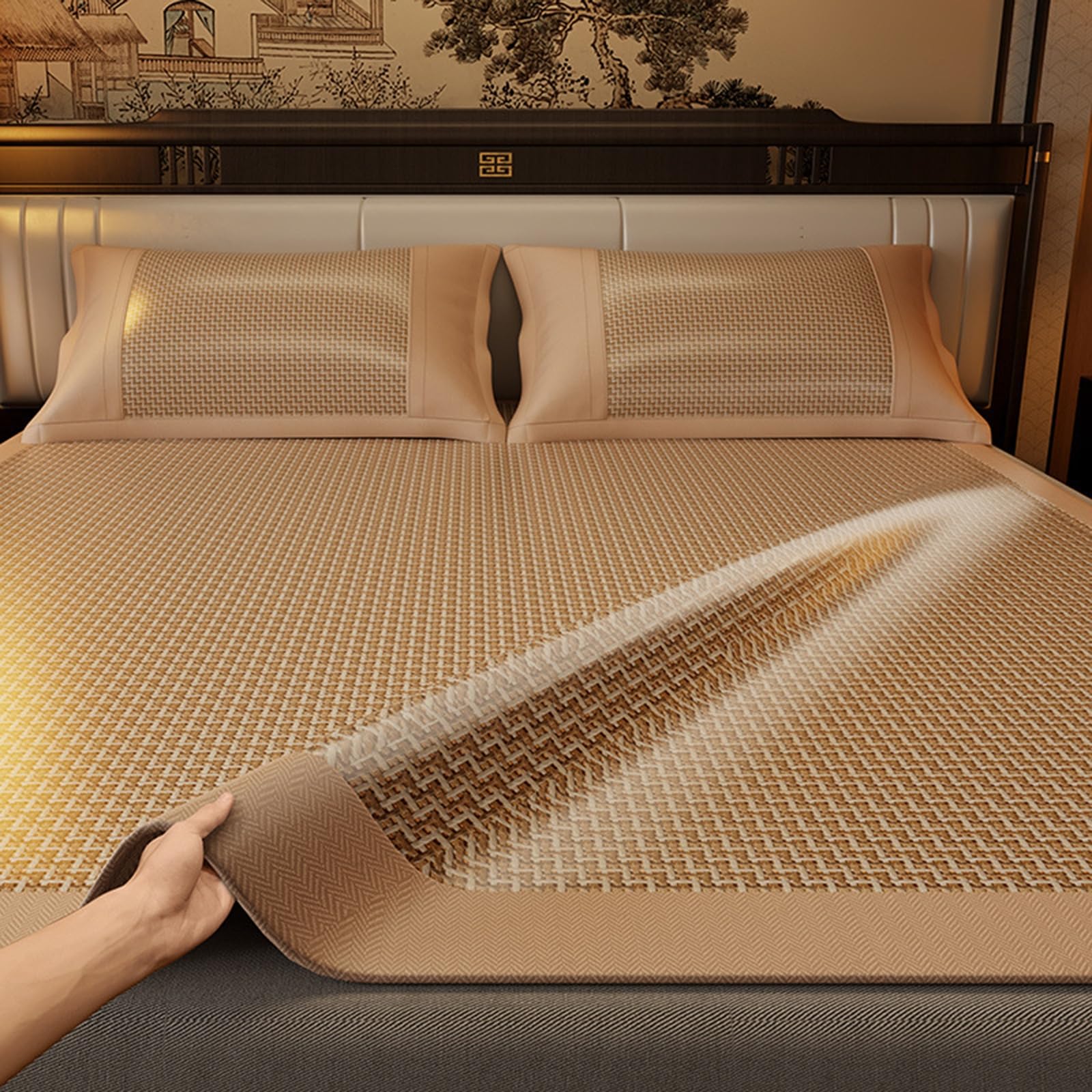Tapis en bambou fraîcheur soie glacée et rotin tissé